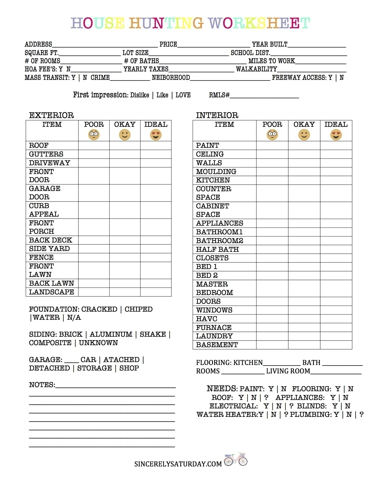 TIPS FOR FIRST TIME HOME BUYERS FREE HOUSE HUNTING WORKSHEET Sincerely Saturday