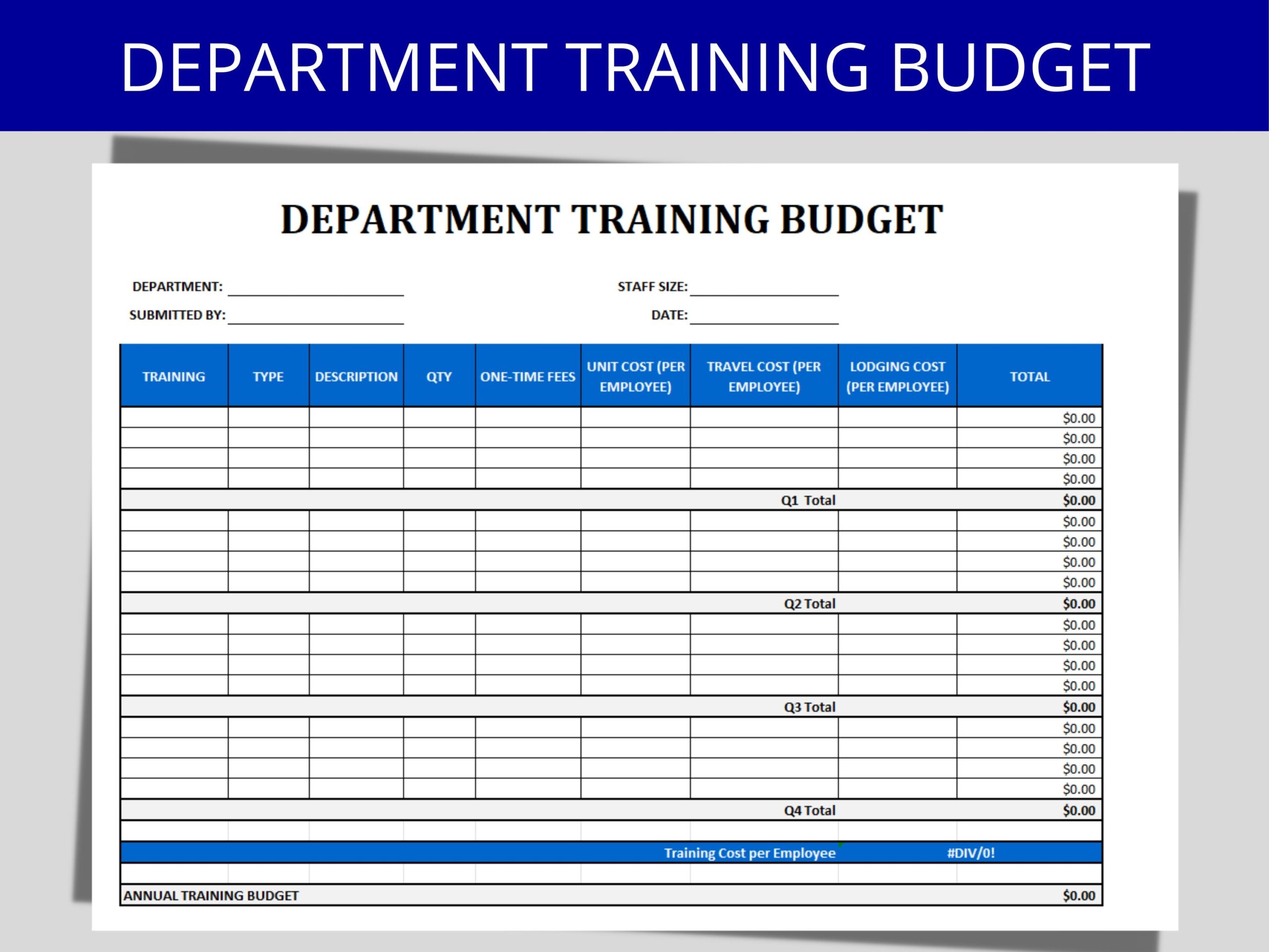 Training Budget Departmental Budget HR Accounting Excel 