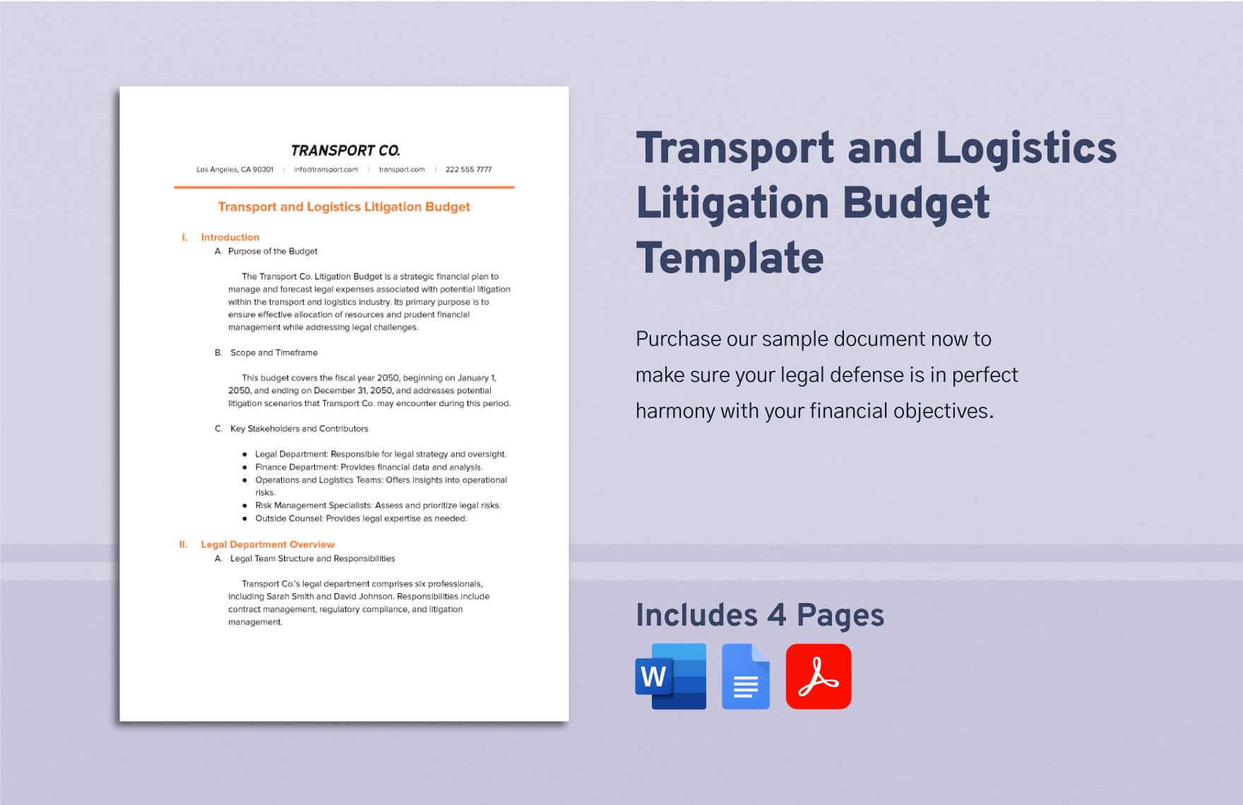 Transport And Logistics Litigation Budget Template In PDF Word 
