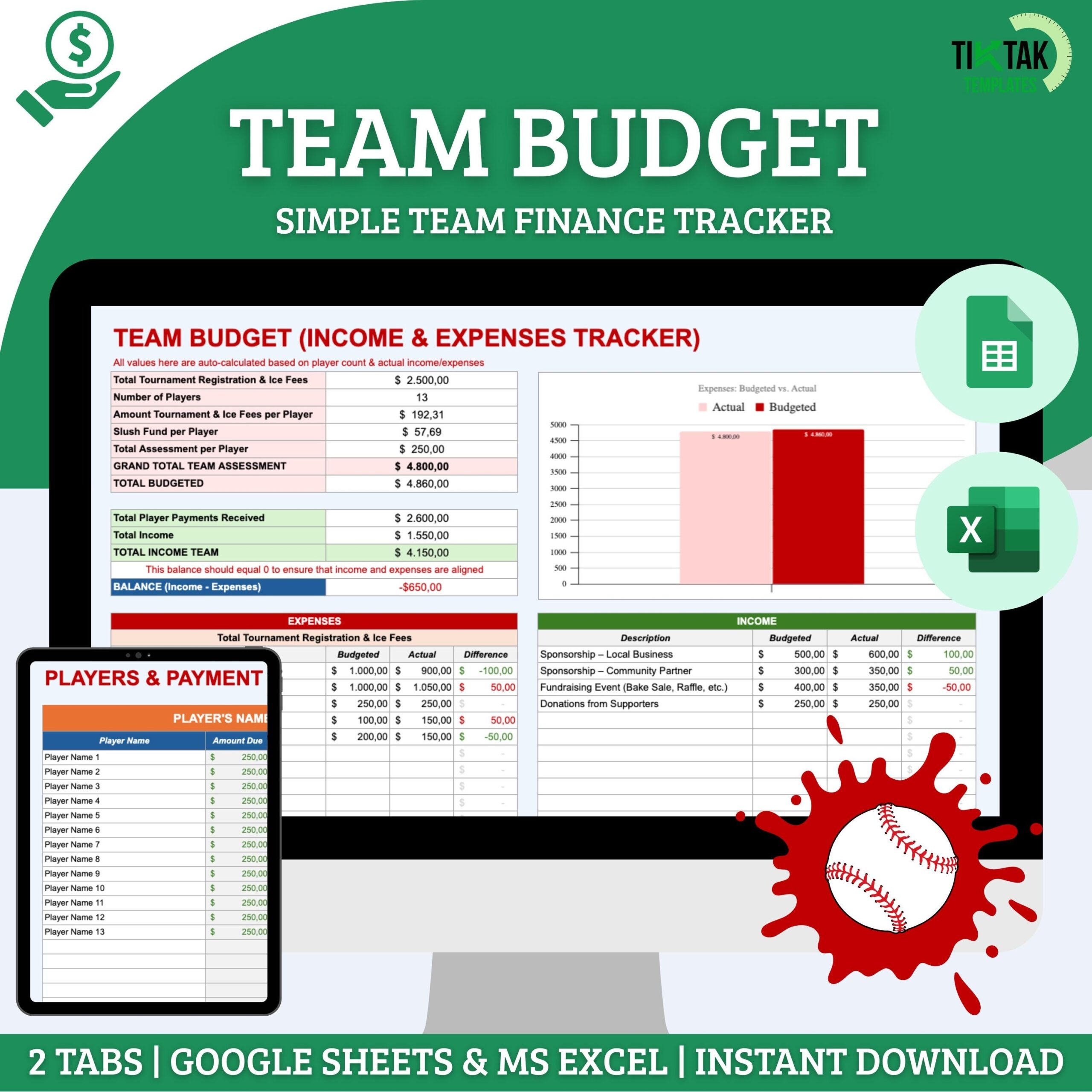 Travel Baseball Team Budget Spreadsheet Etsy