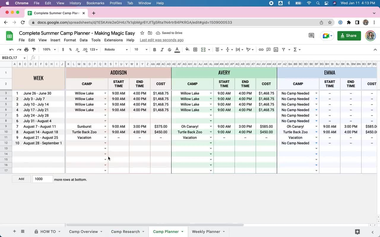Ultimate Summer Camp Planner Spreadsheet Camp Expense Tracker Digital Camp Planner Kid Activity Schedule Google Sheet Template