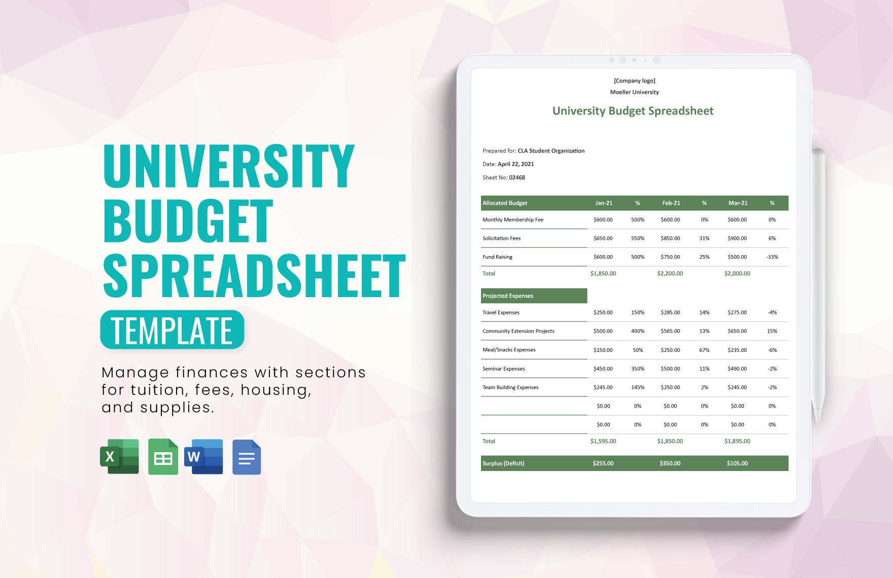 University Budget Spreadsheet Template In Word Google Docs 