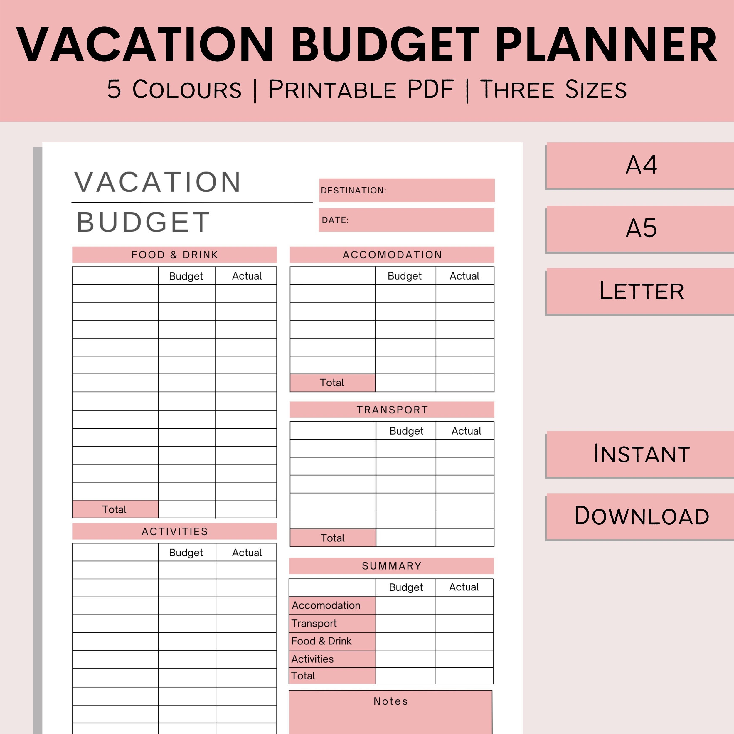 Vacation Budget Planner Printable Holiday Spreadsheet Budget Log Travel Expense Tracker Trip Planner PDF A4 A5 Letter Etsy New Zealand