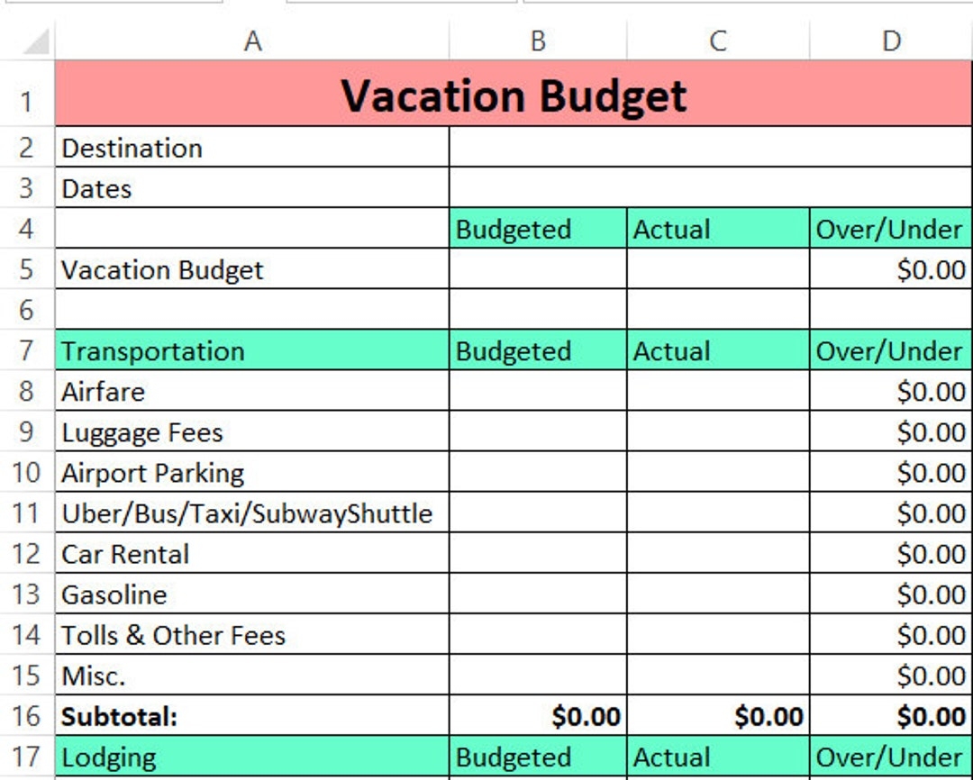 Vacation Budget Template Zero based Budget Excel Download Etsy
