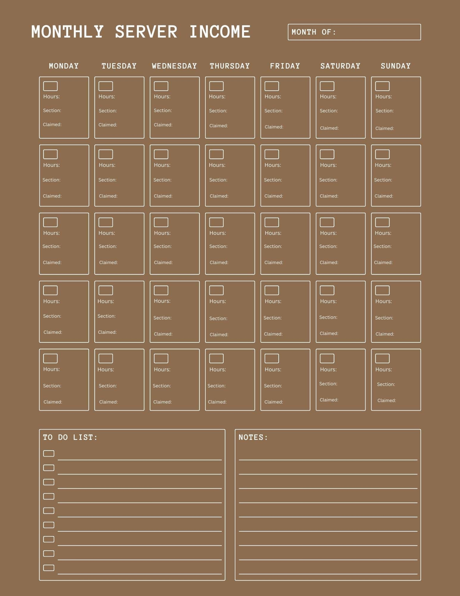 Waitress Income Tracker Etsy