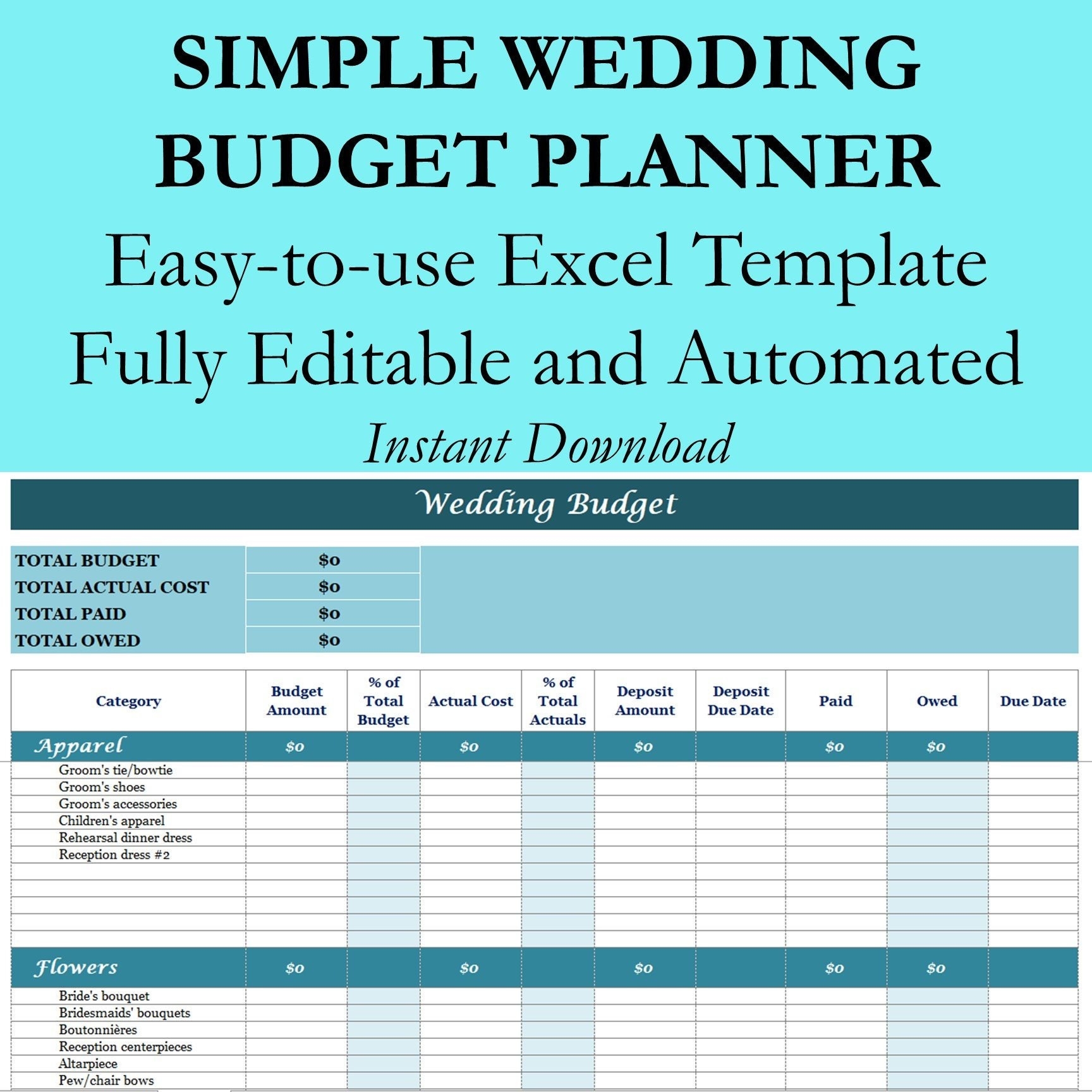 Wedding Budget Planner Excel Workbook Template Wedding Planning Spreadsheet For Expenses Tracking And Spending Easy To Use Fully Editable Etsy