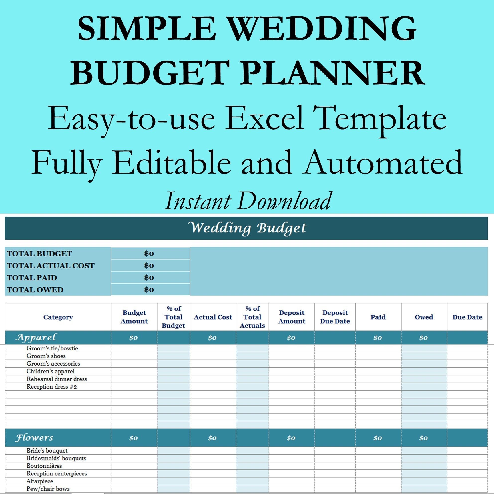 Wedding Budget Planner Excel Workbook Template Wedding Planning Spreadsheet For Expenses Tracking And Spending Easy To Use Fully Editable