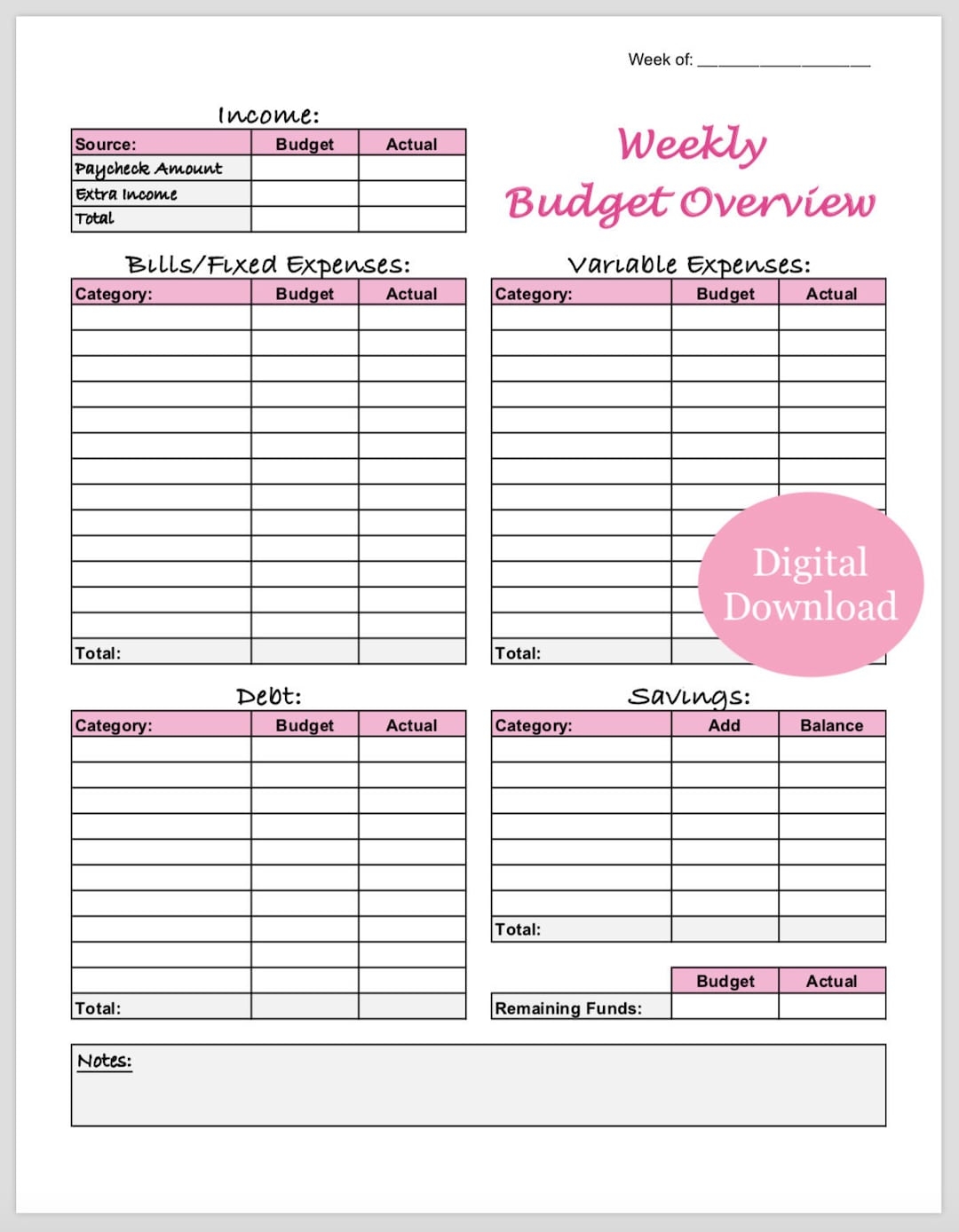 Weekly Budget Overview Template Printable pink Etsy UK