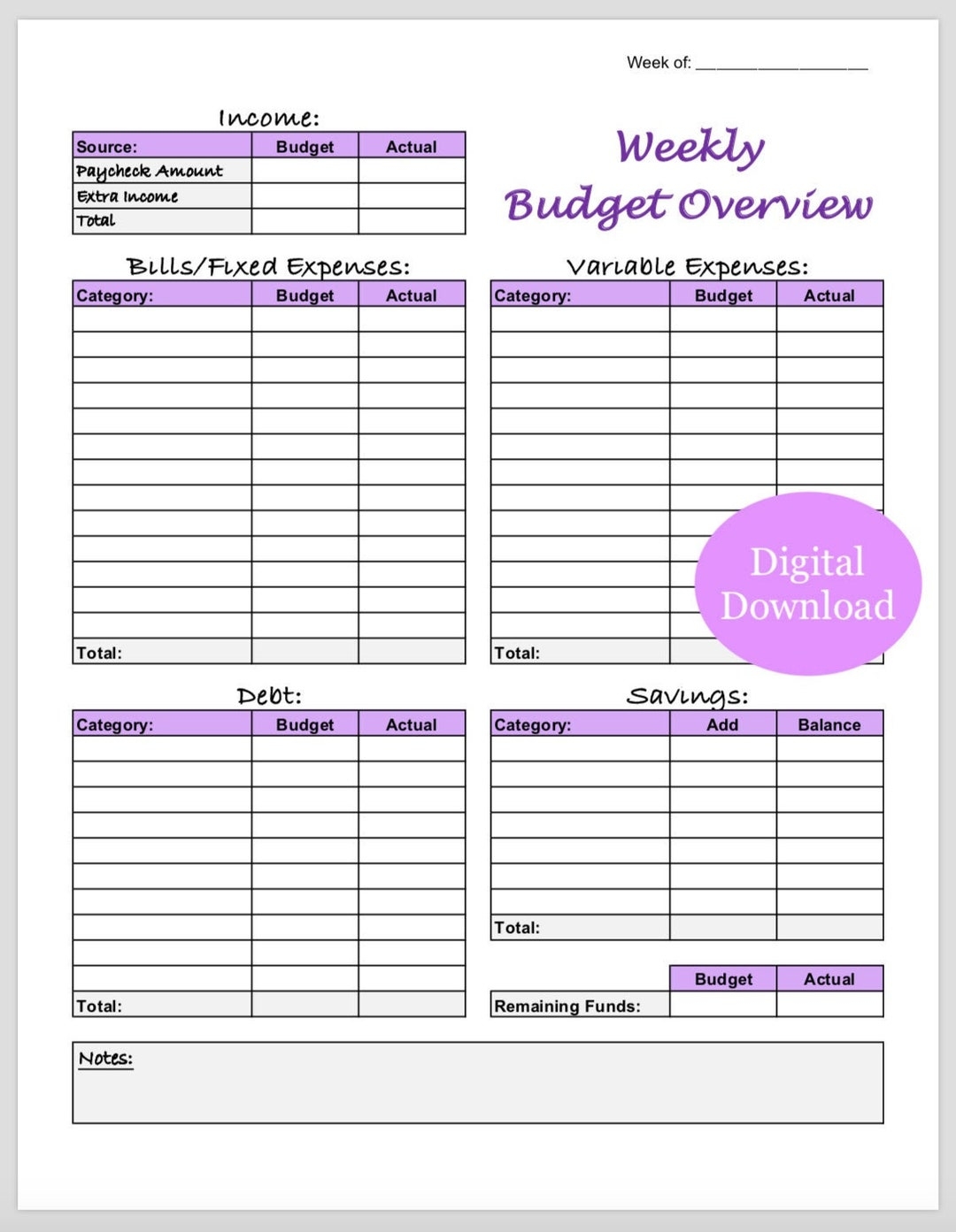 Weekly Budget Overview Template Printable purple Etsy