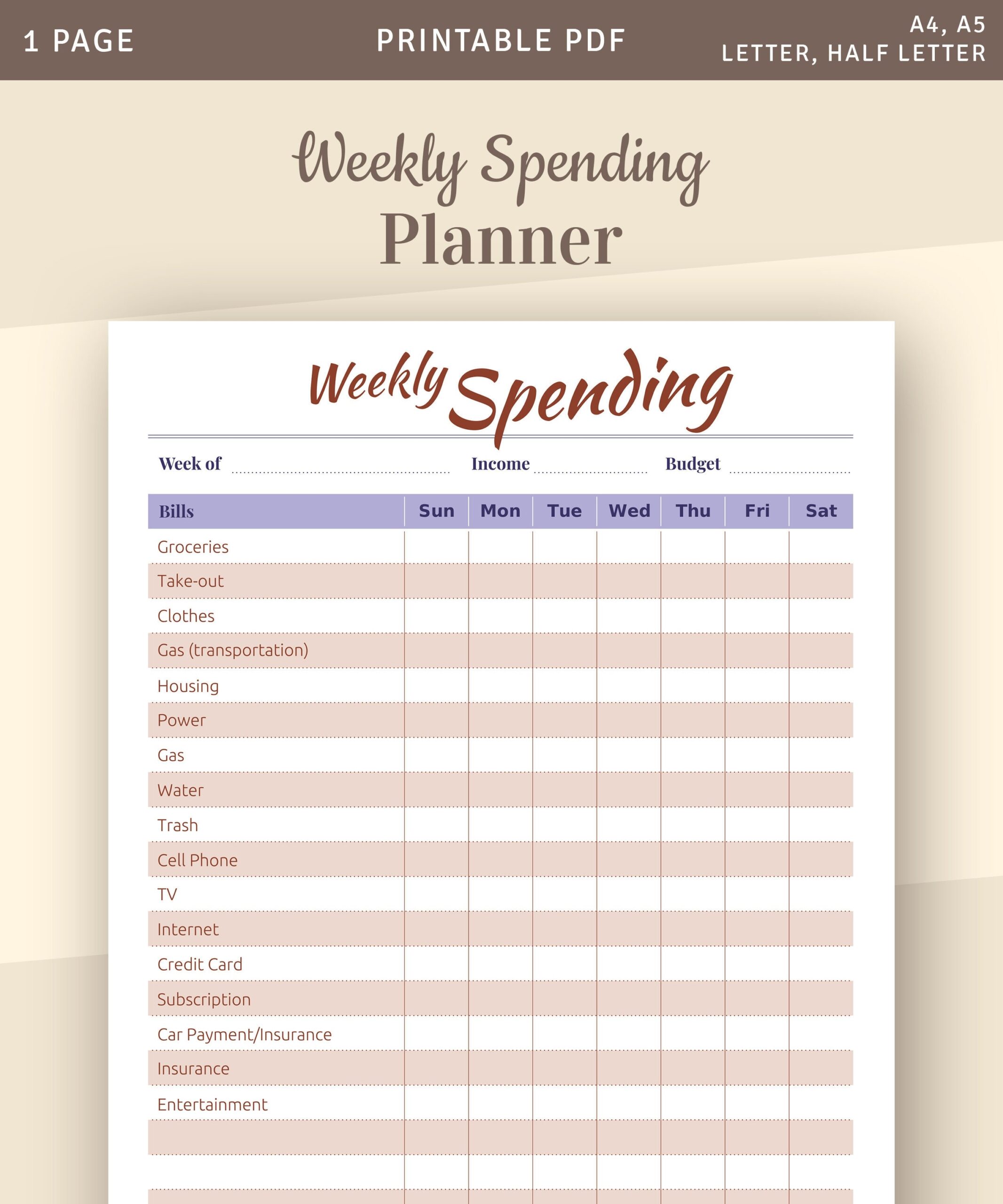 Weekly Spending Template Personal Budget Planner Weekly Budget Printable Budget Journal Expenses Tracker Expense Journal Printable PDF Etsy
