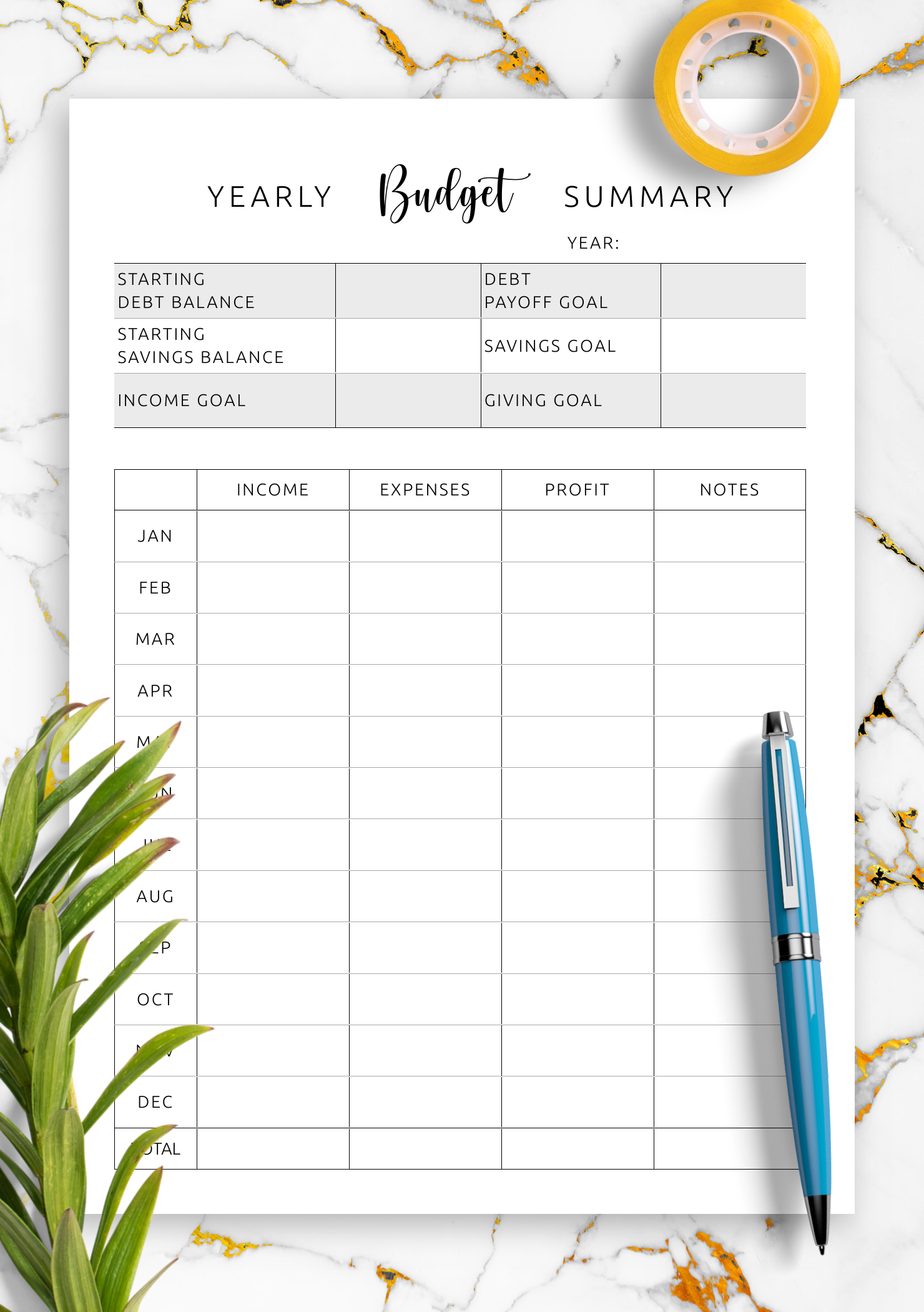 Year Long Budget Template