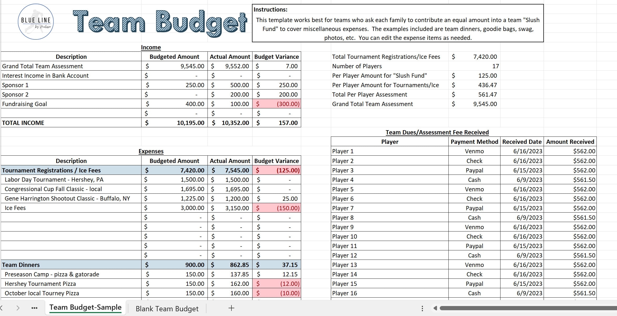 Youth Sports Team Budget Spreadsheet Team Manager Budget Template Excel Template Sports Team Manager Spreadsheet Team Manager Template