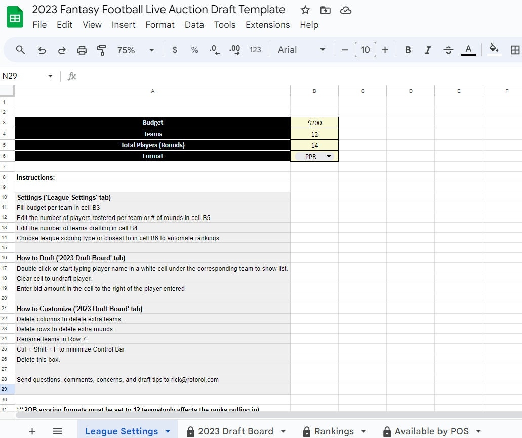 Fantasy Football Auction Budget Template