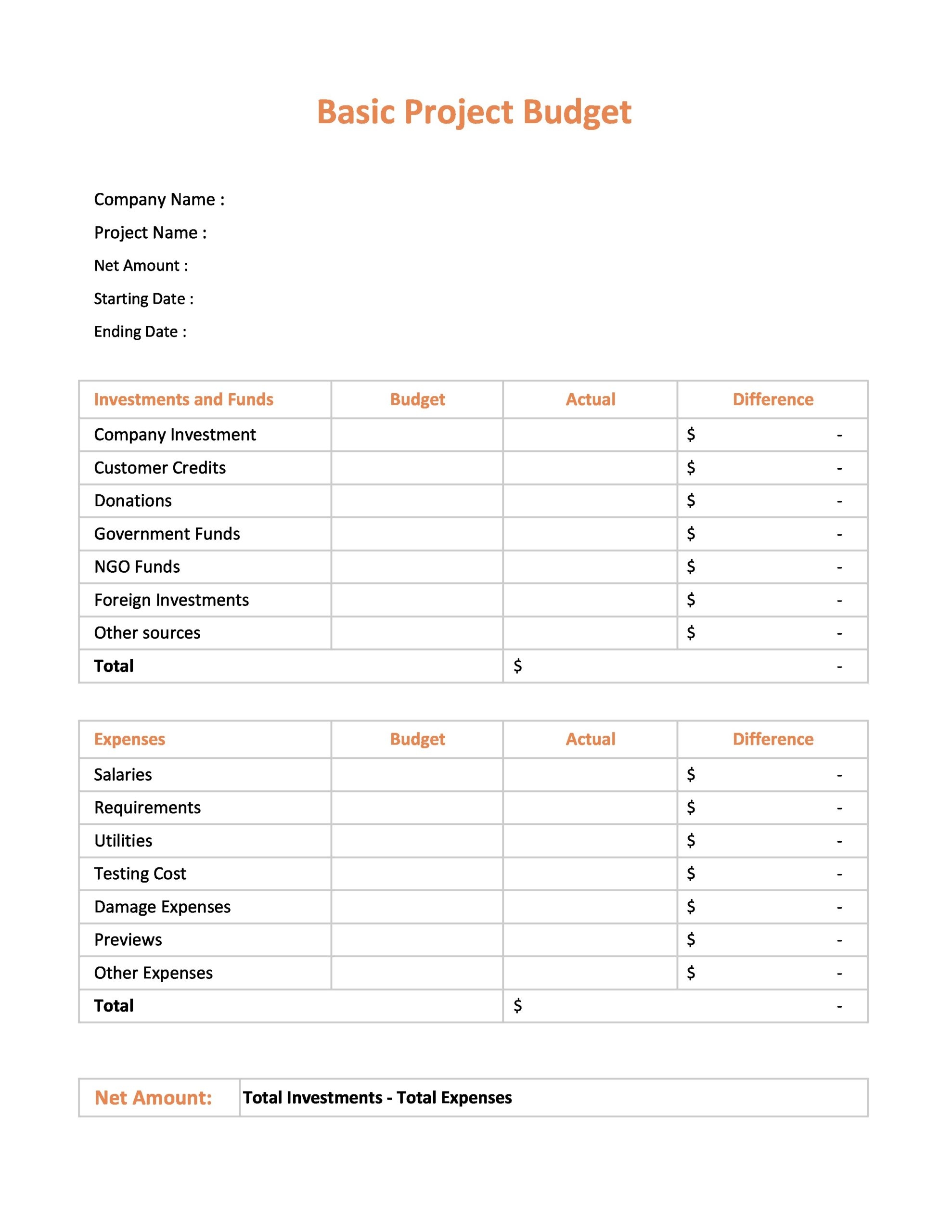 Simple Project Budget Template