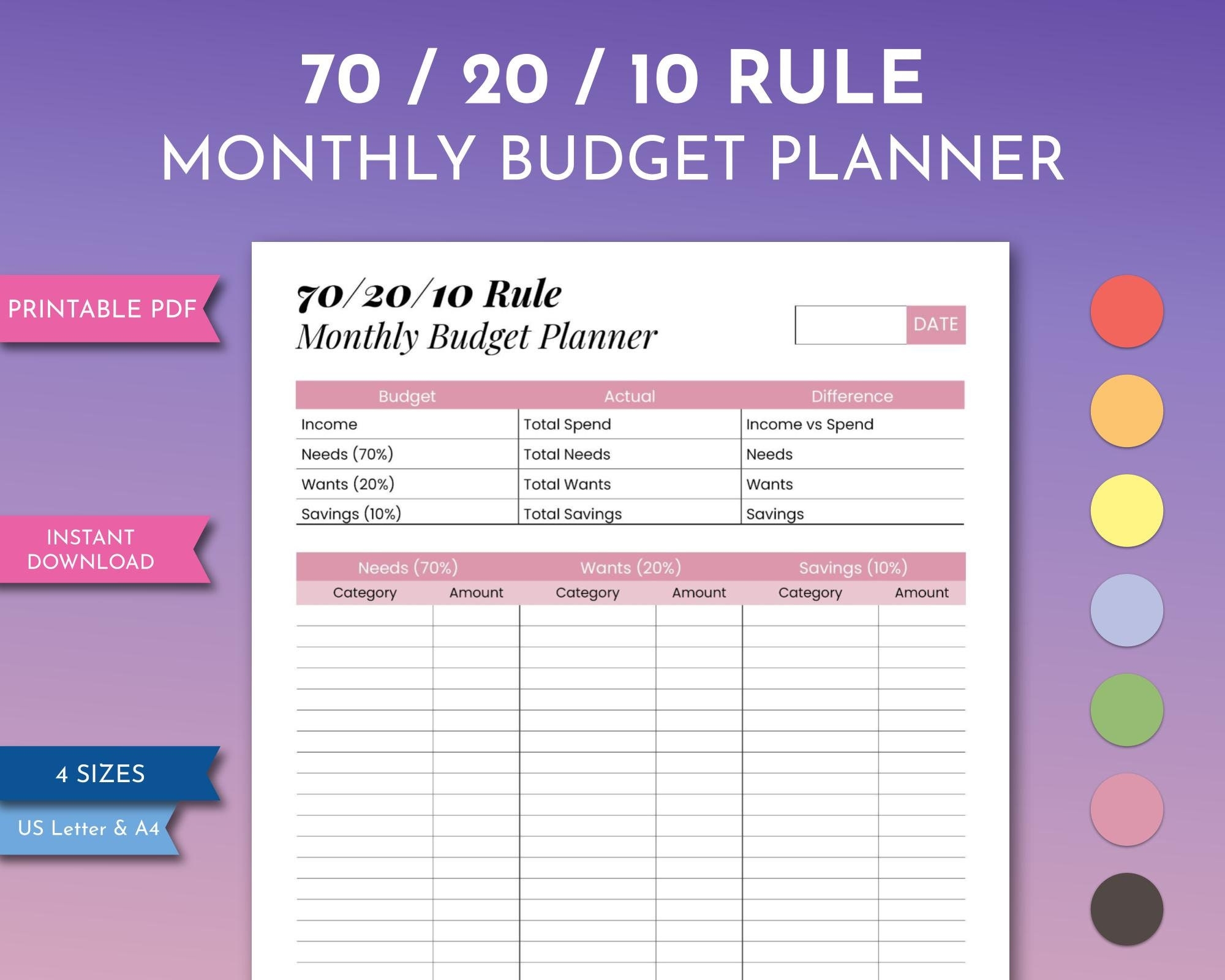 70 20 10 Rule Monthly Budget Planner Needs Wants Savings Worksheet Printable Financial Freedom PDF Minimalist Money Management Dashboard Etsy