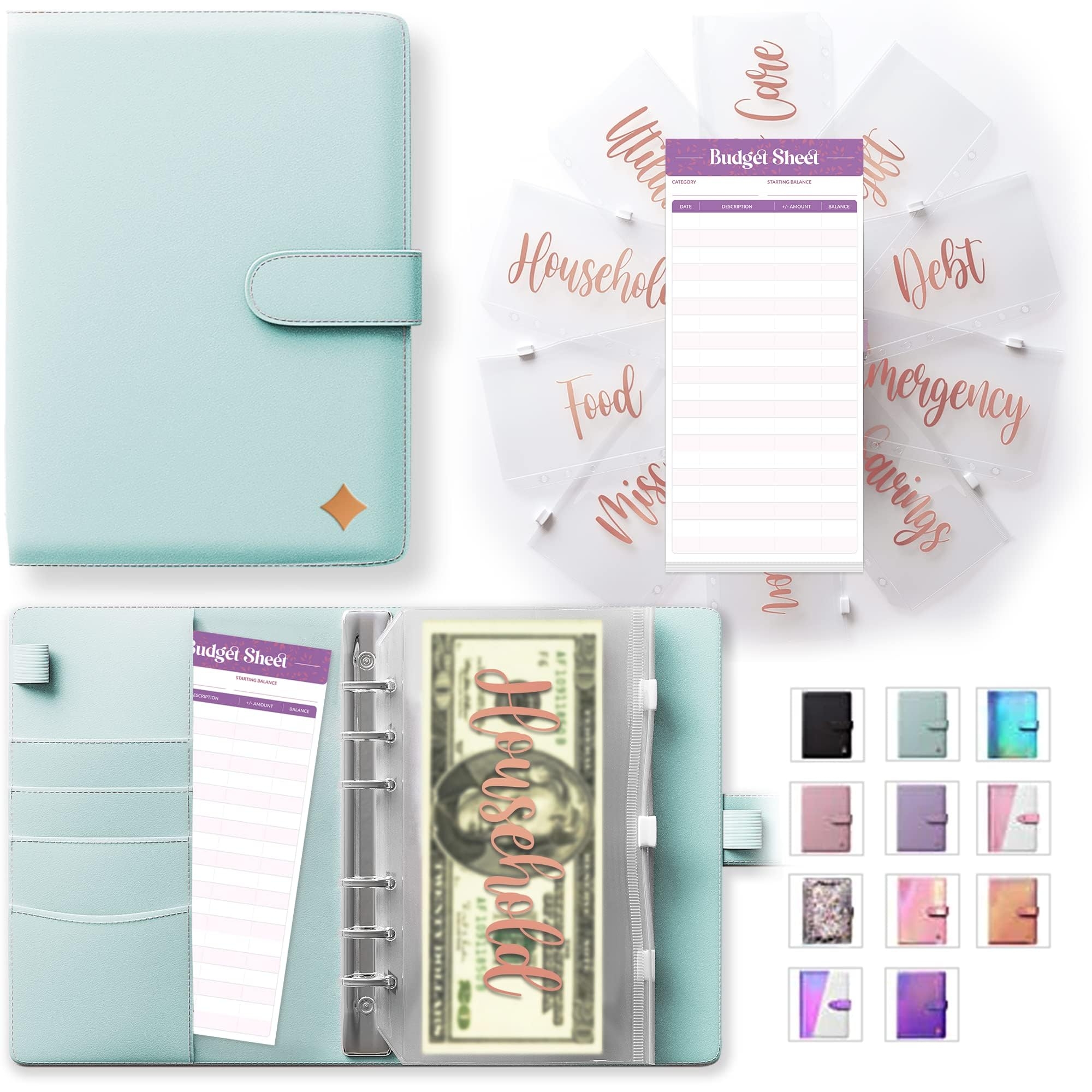 Amazon SOUL MAMA Budget Binder With Zipper Envelopes Blue Money Organizer For Cash A6 Binder Cash Envelopes For Budgeting Money Saving Binder With Rose Gold Pre Printed Stickers Office Products