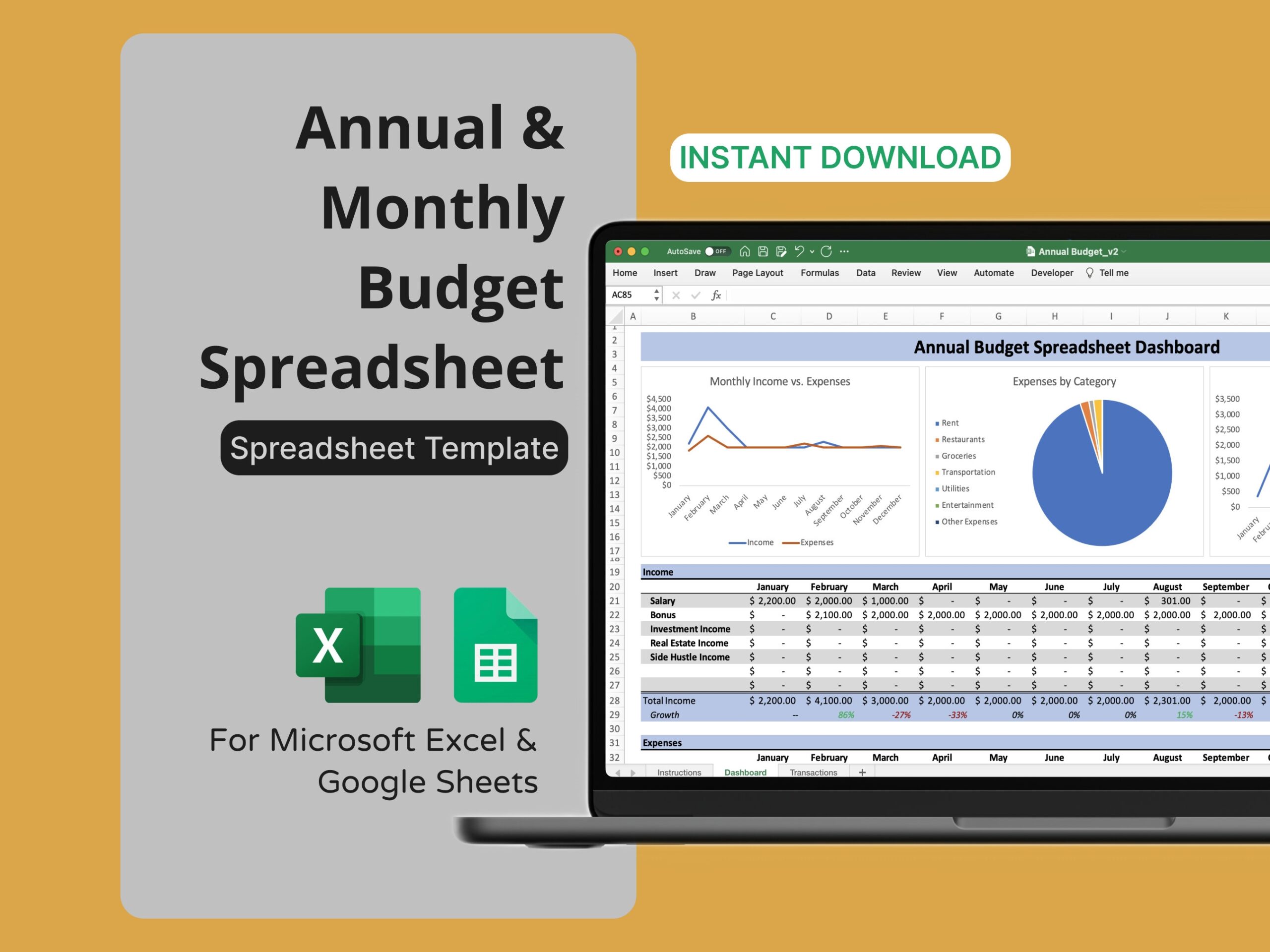 Annual U0026 Monthly Budget Spreadsheet For Microsoft Excel Google Sheets Track Income And Expenses Monthly annually Personal Finance Etsy
