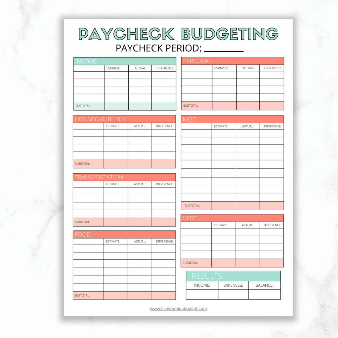 Printable Paycheck Budget Template