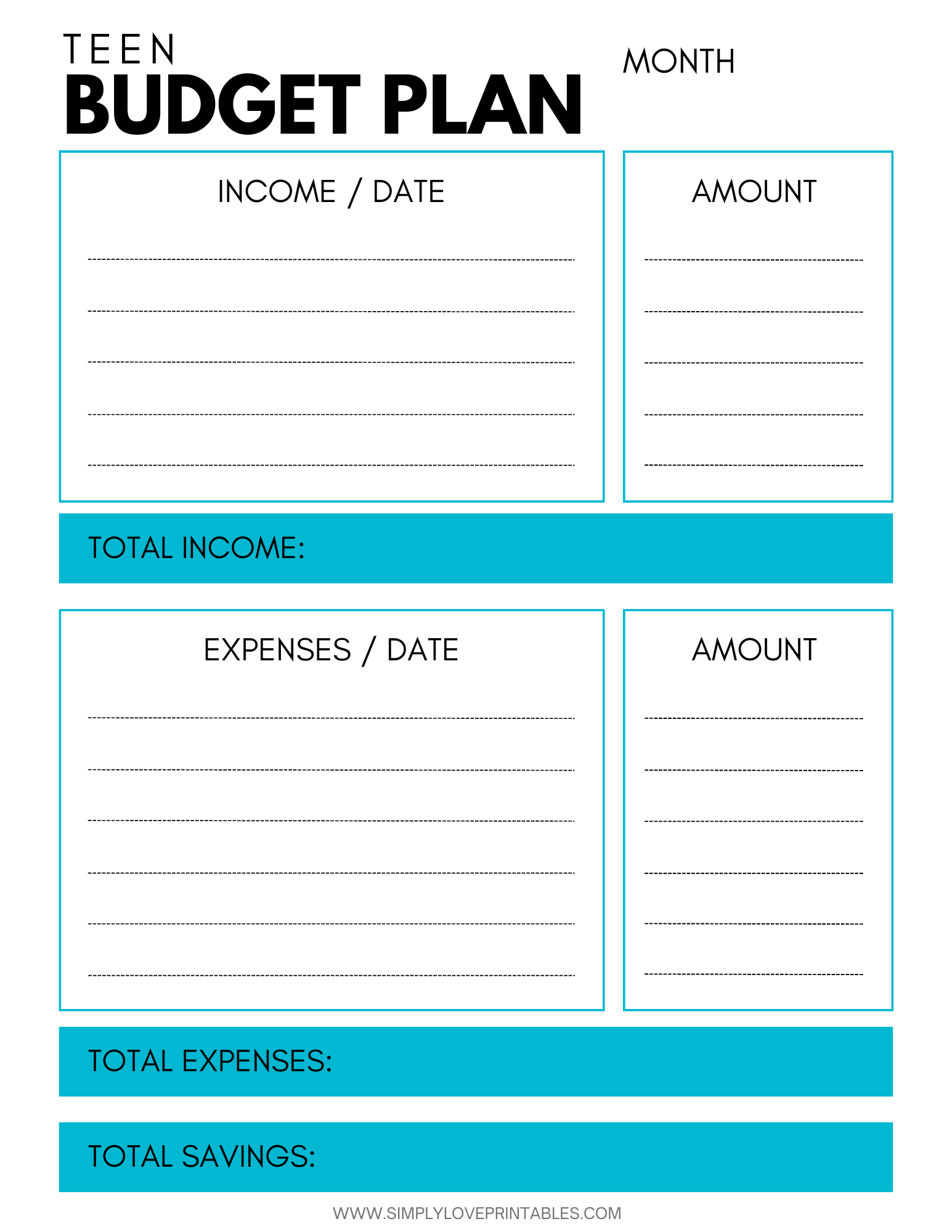 Sample Budget Template For Teenager