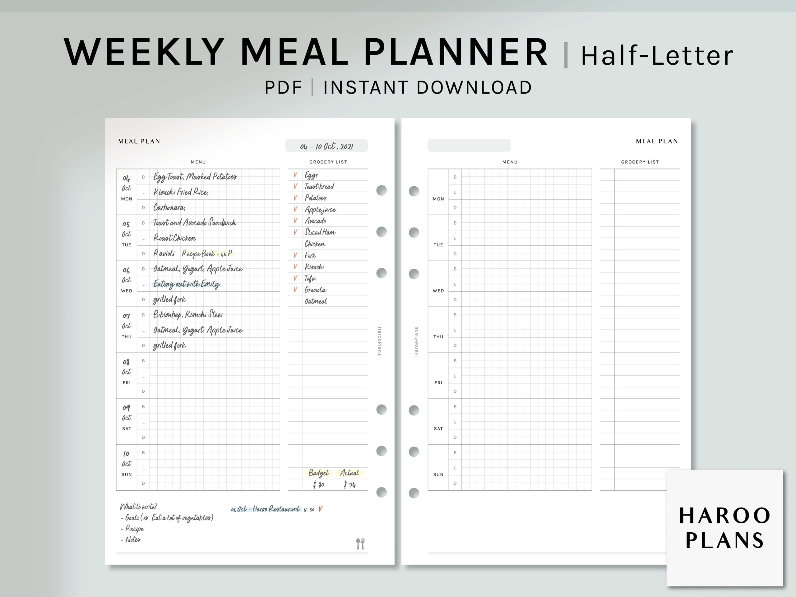Buy Meal Plan With Grocery List Half letter Printable Planner Inserts Weekly Menu List Template Food Diet Tracker Page Digital Download Online In India Etsy