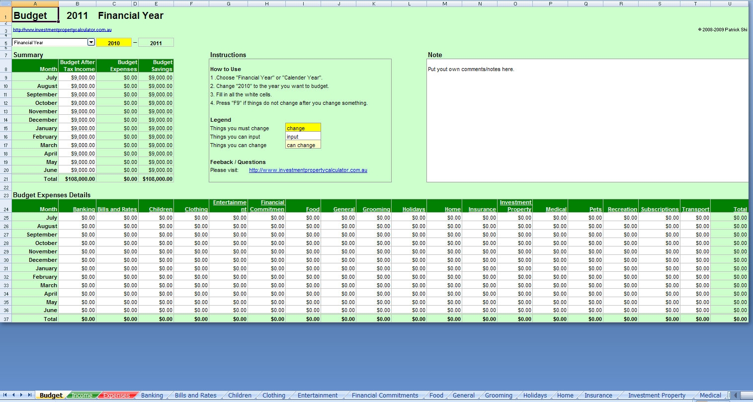 Home Budget Template Australia