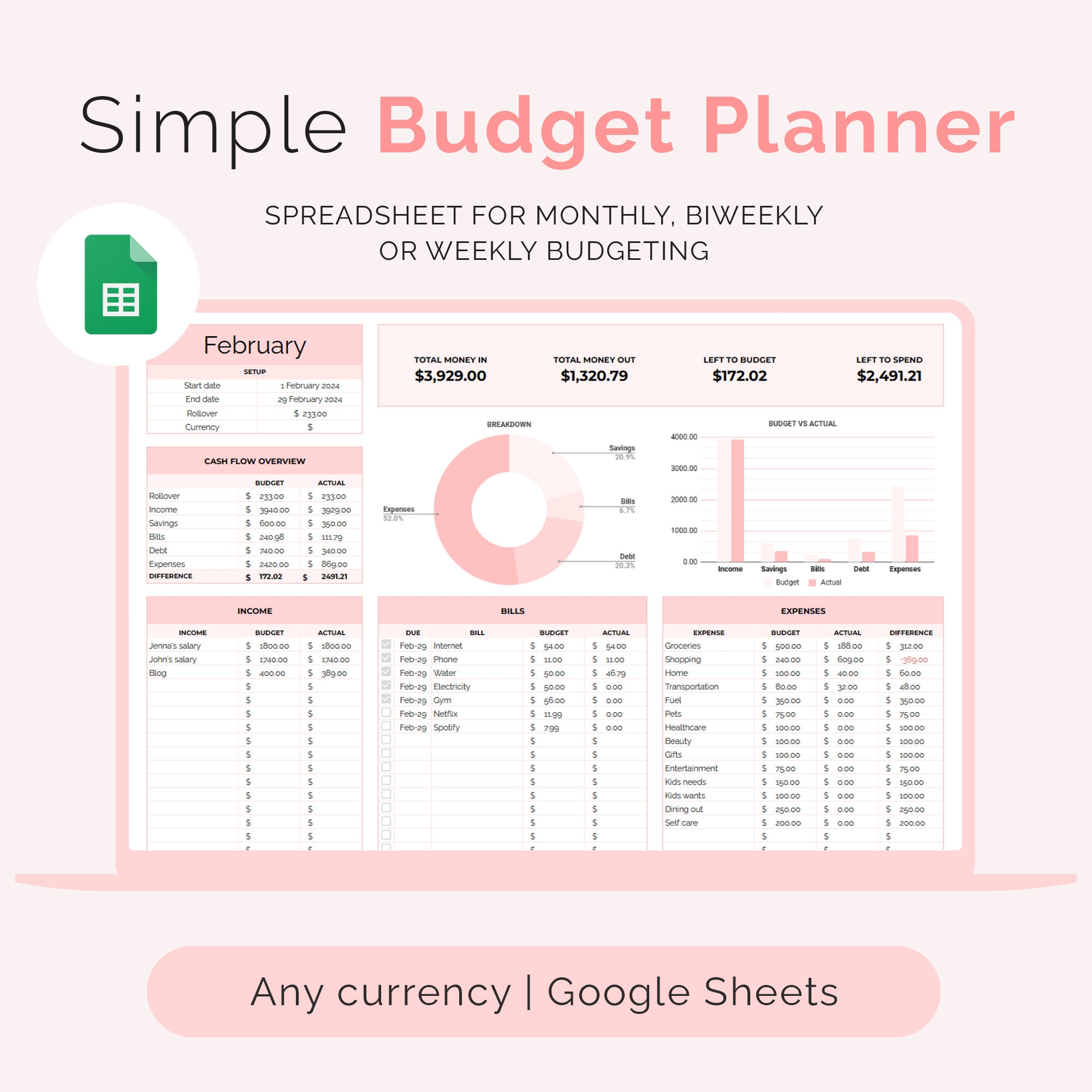 Cute Budget Planner For Google Sheets Monthly Budget Template 