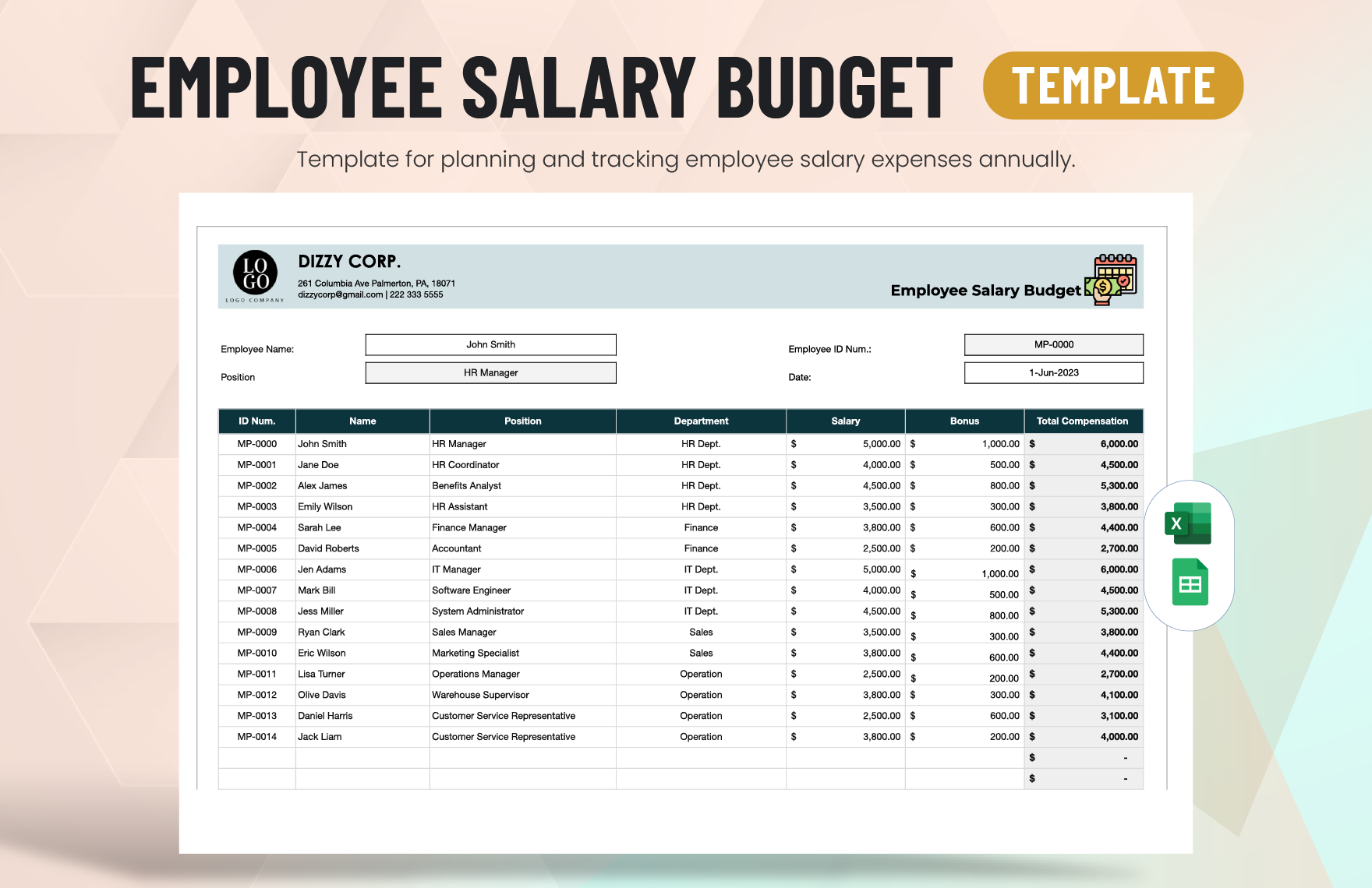 Employee Salary Budget Template In Excel Google Sheets Download 