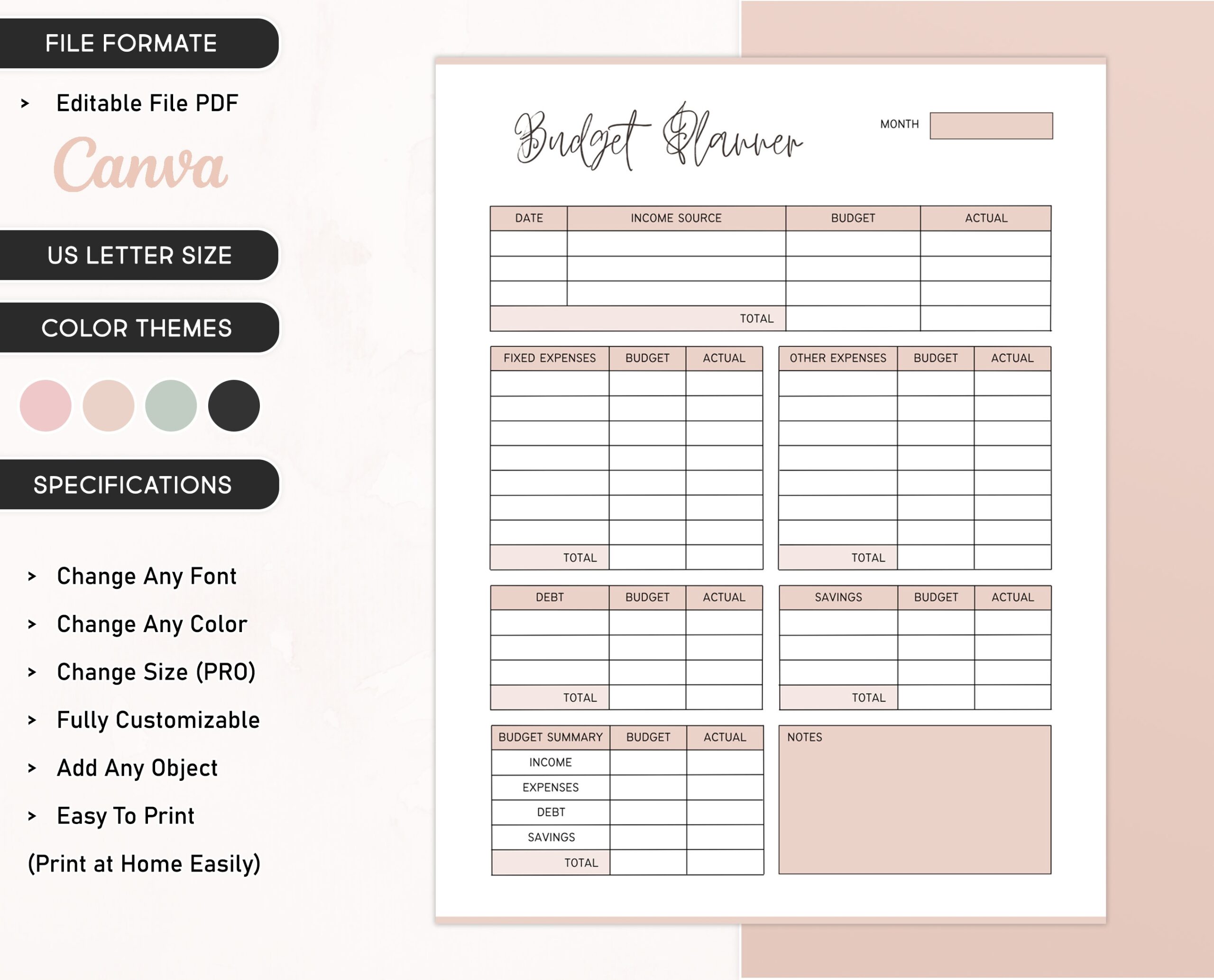 Finance Planner Template Canva Editable Printable Budget Planner 