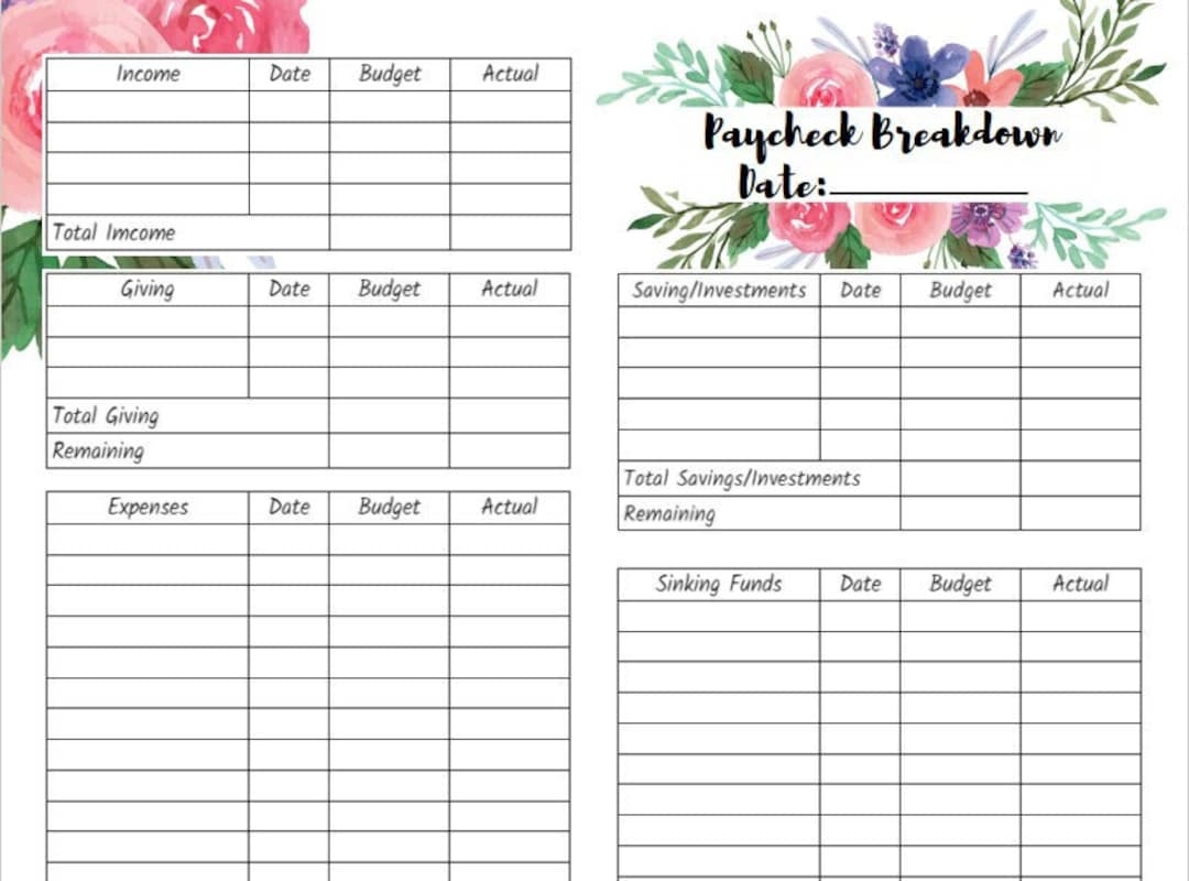 Floral Paycheck Budget Breakdown Printable Budget By Paycheck The Budget Mom Dave Ramsey Zero Based Budget Digital Tracker Etsy