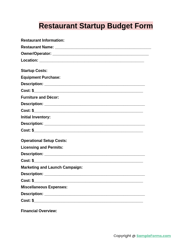 Restaurant Opening Budget Template