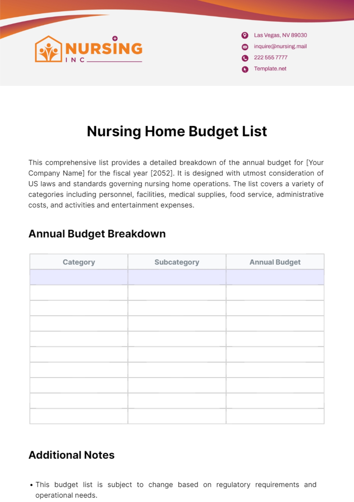 Nursing Home Budget Template