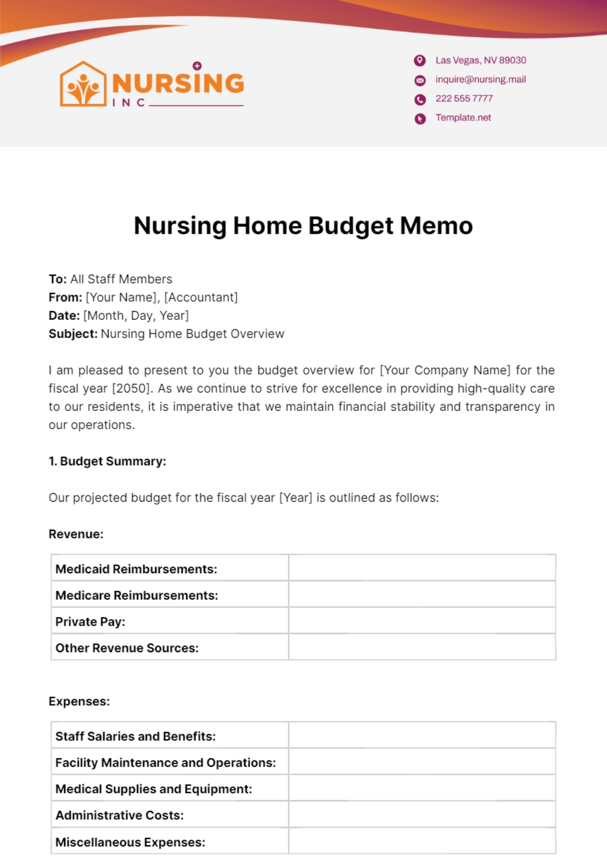 Free Nursing Home Budget Memo Template To Edit Online