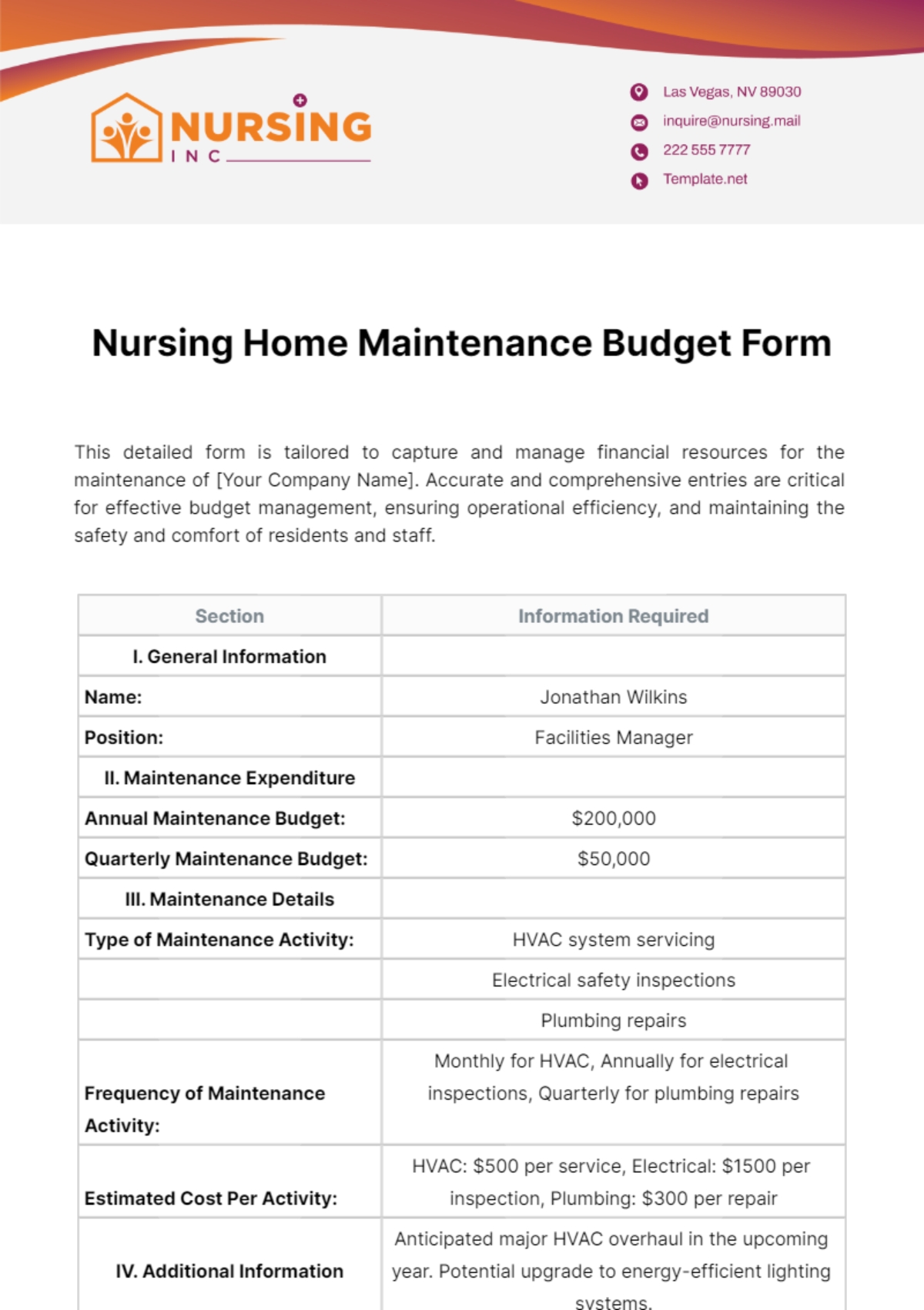 Free Nursing Home Maintenance Budget Form Template To Edit Online