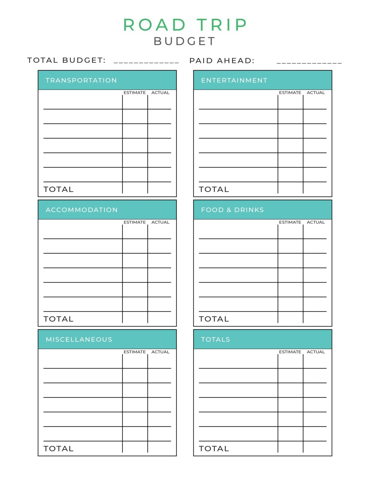 Road Trip Budget Template