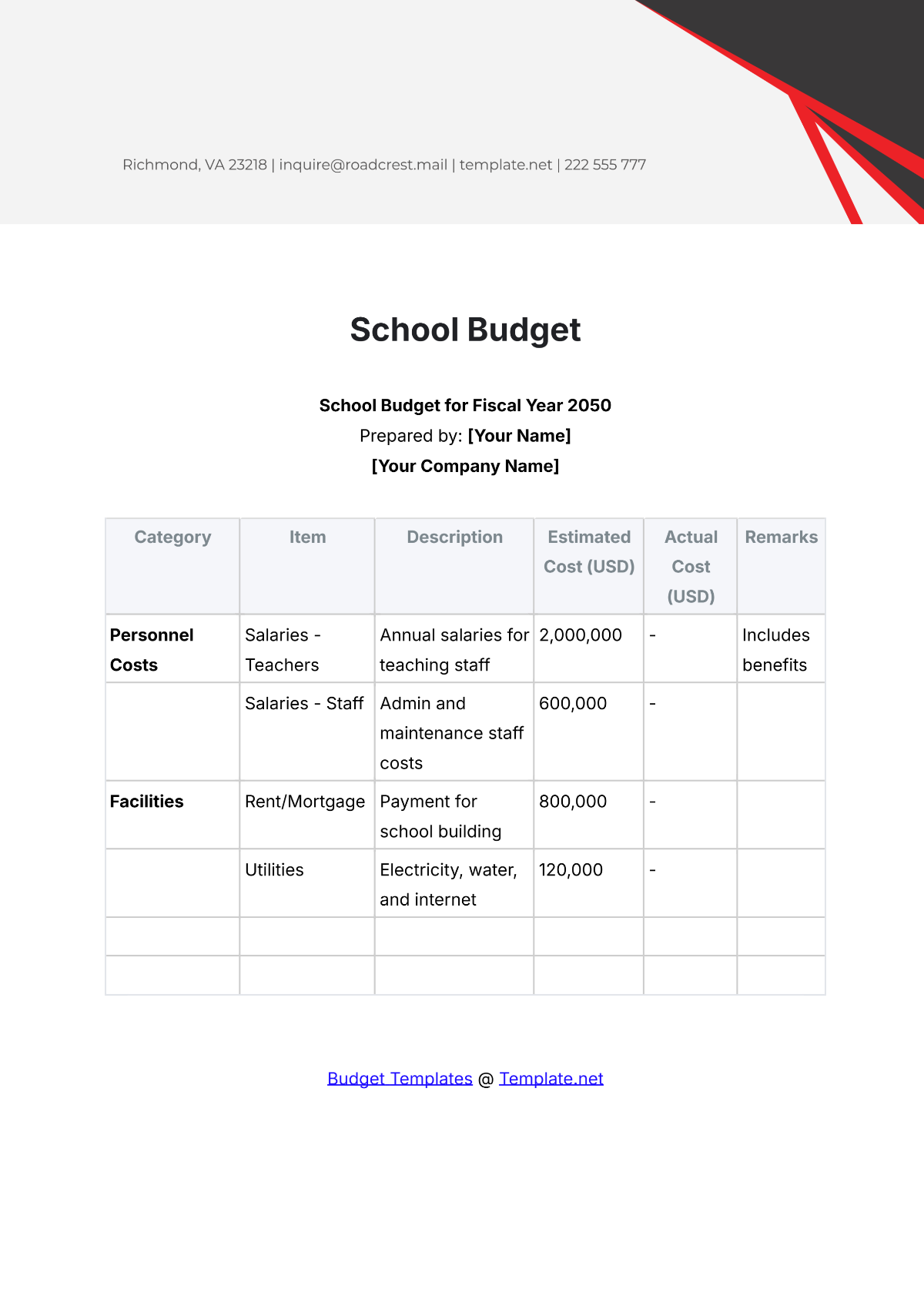 Free School Budget Templates Editable And Printable Free School Budget Templates Editable And Printable