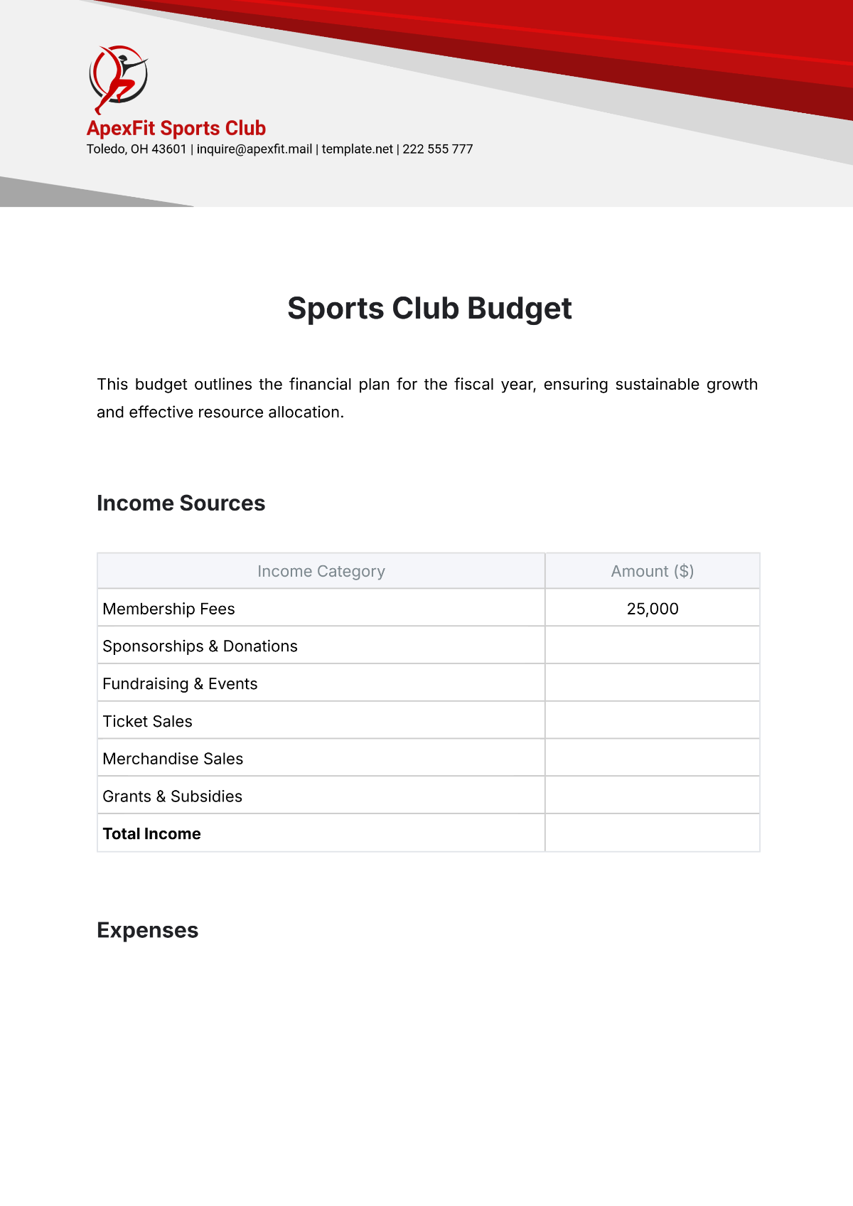 Sports Club Budget Template
