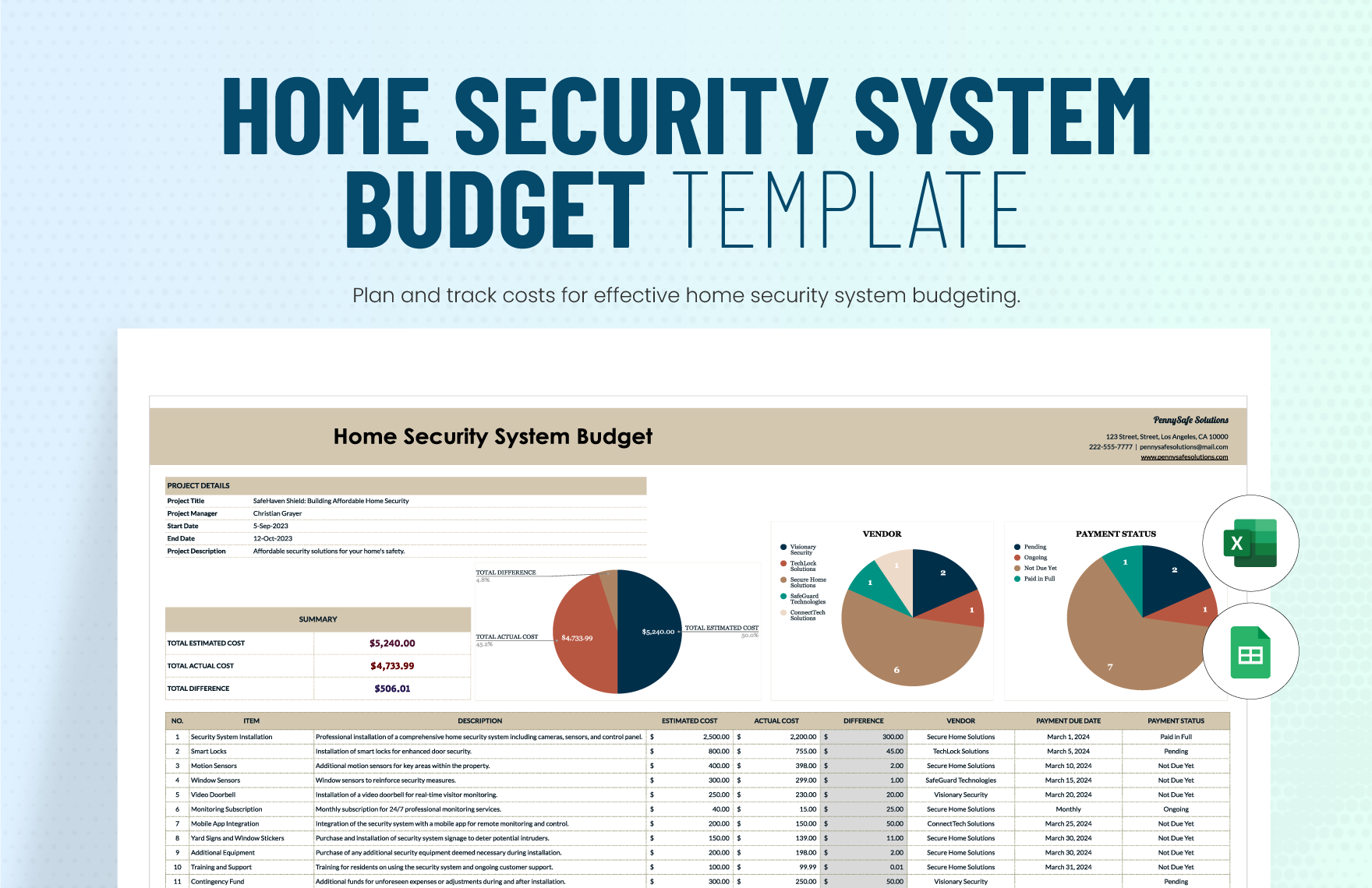 Home Security System Budget Template In Excel Google Sheets 