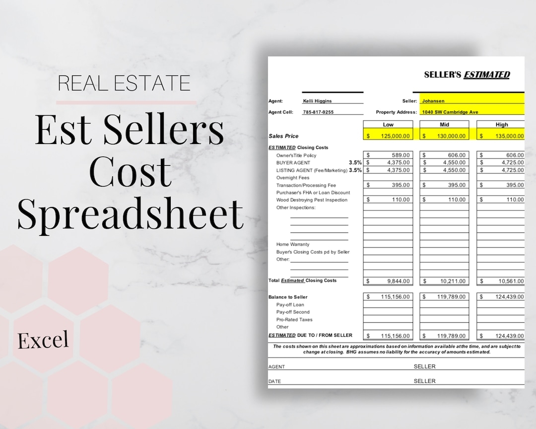 Home Seller Closing Cost Spreadsheet Real Estate Excel Spreadsheet Seller Net Sheet Closing Cost Calculator Realtor Budget Spreadsheet Etsy