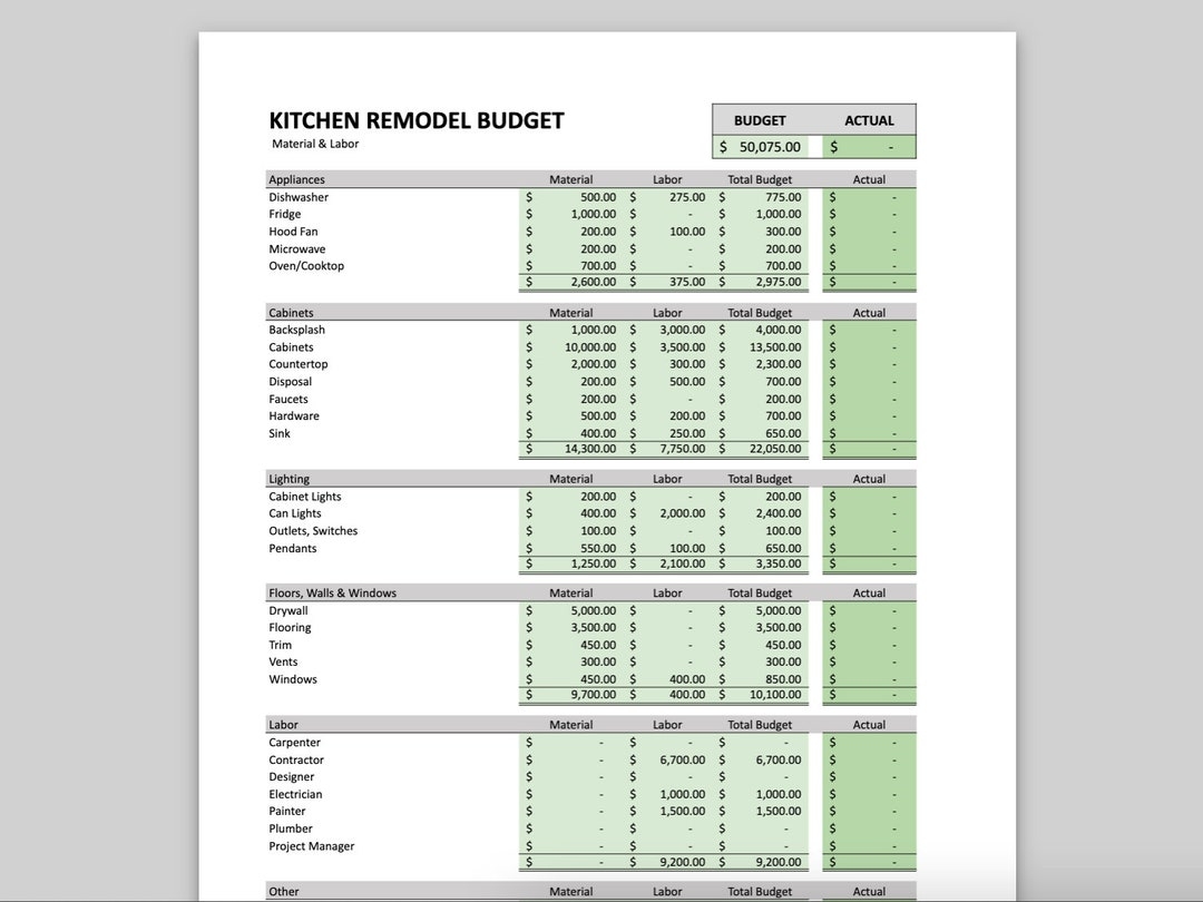 Kitchen Remodel Budget Spreadsheet Contractor Estimate Home Renovation For Excel U0026 Numbers Etsy