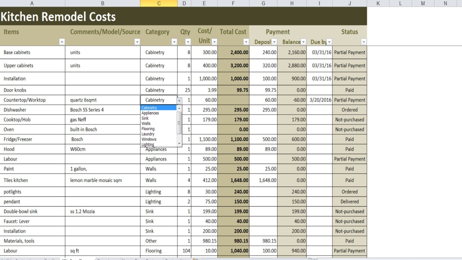 Kitchen Remodel Costs Calculator Excel Template Renovation Cost Vs Budget Tracker Etsy