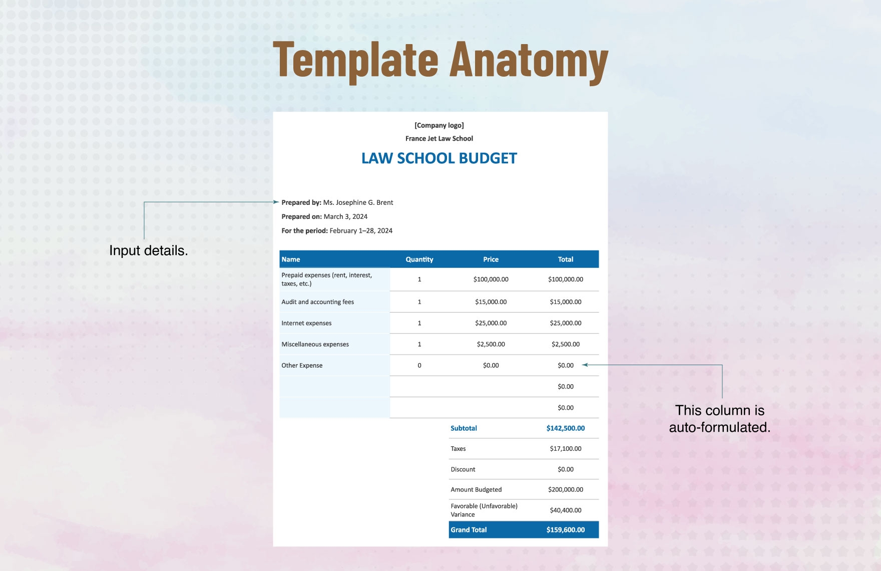 Law School Budget Template In Word Google Docs Google Sheets 