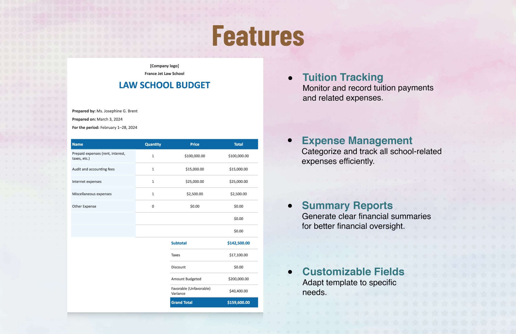Law School Budget Template In Word Google Docs Google Sheets 