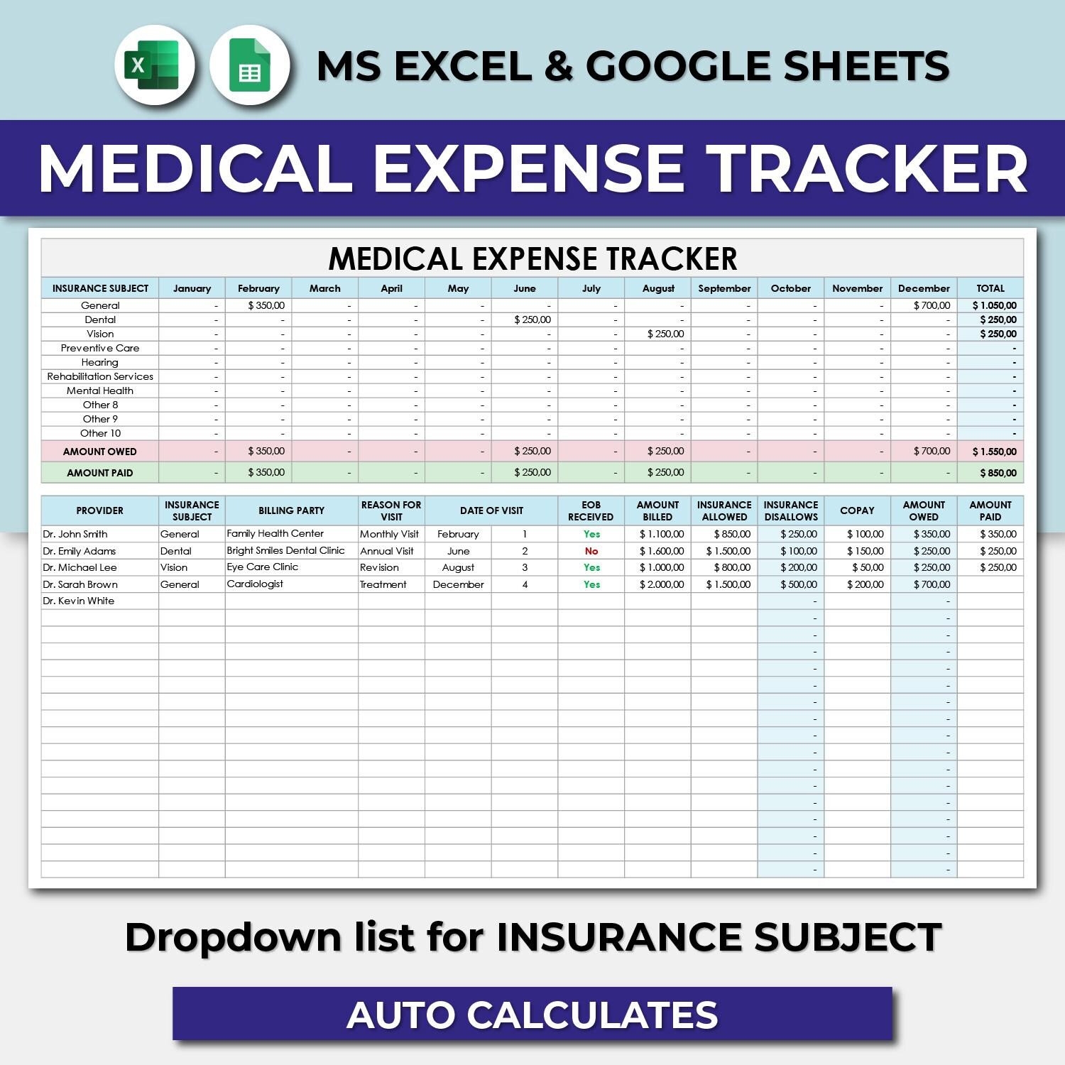 Medical Expense Tracker Spreadsheet Template Healthcare Monthly 
