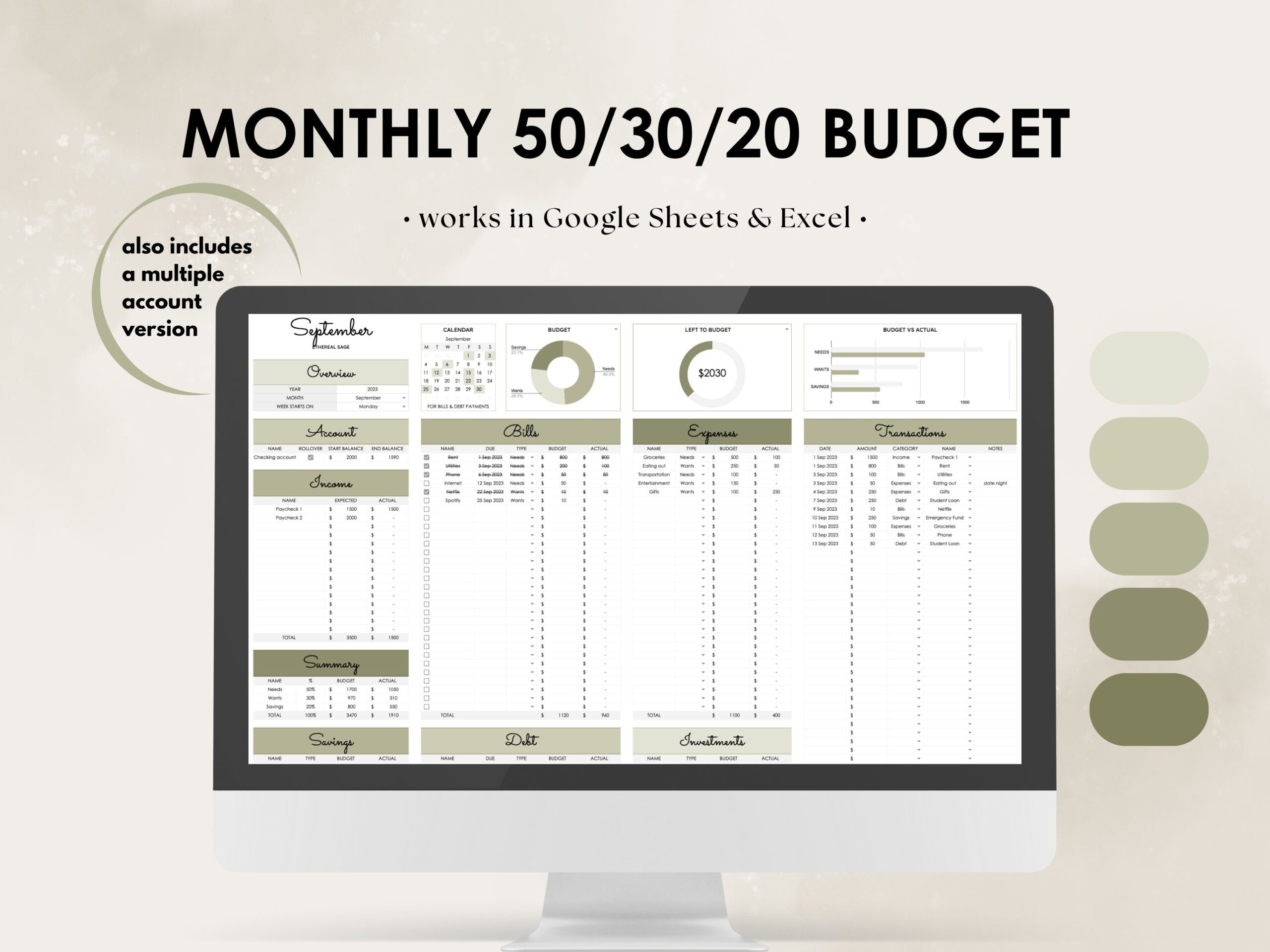 Mod le De Feuille De Calcul De Budget Mensuel 50 30 20 Pour Google Sheets Et Excel Planificateur Budg taire En Ethereal Sage Etsy France