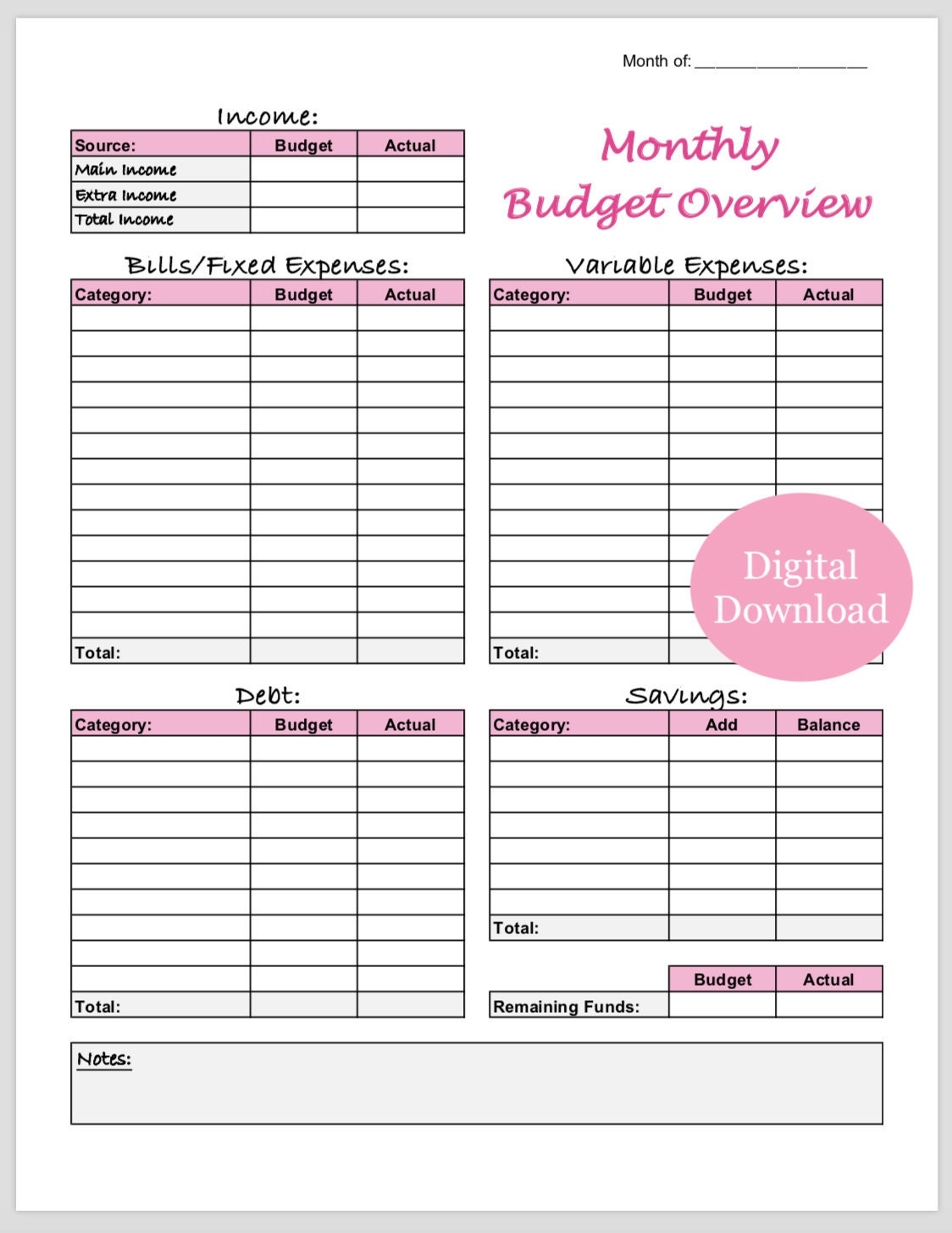 Monthly Budget Overview Template Printable pink Etsy