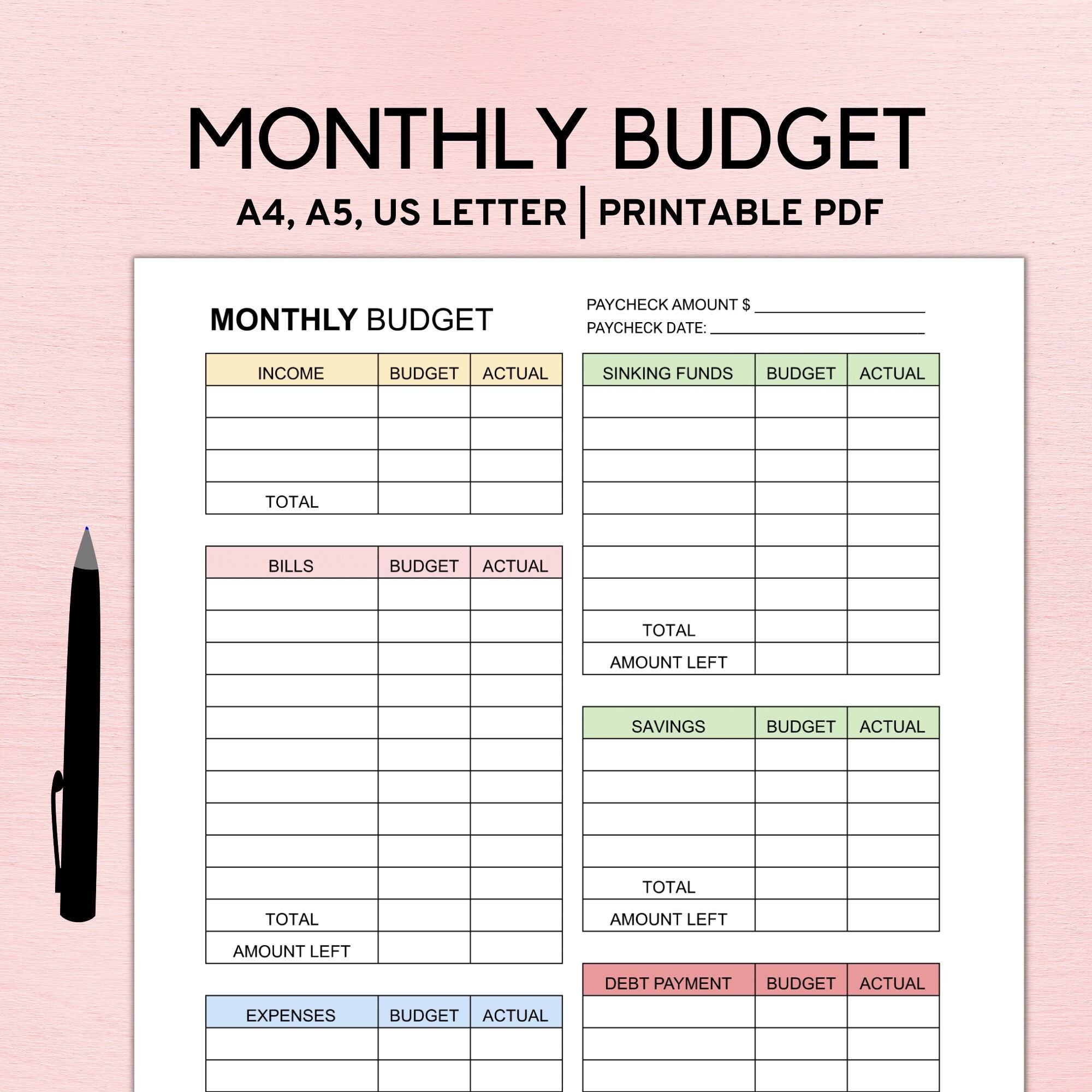 Monthly Budget Planner Printable Monthly Bills Tracker Paycheck Budget Printable Budget Template Financial Planner A4 A5 Letter PDF Etsy
