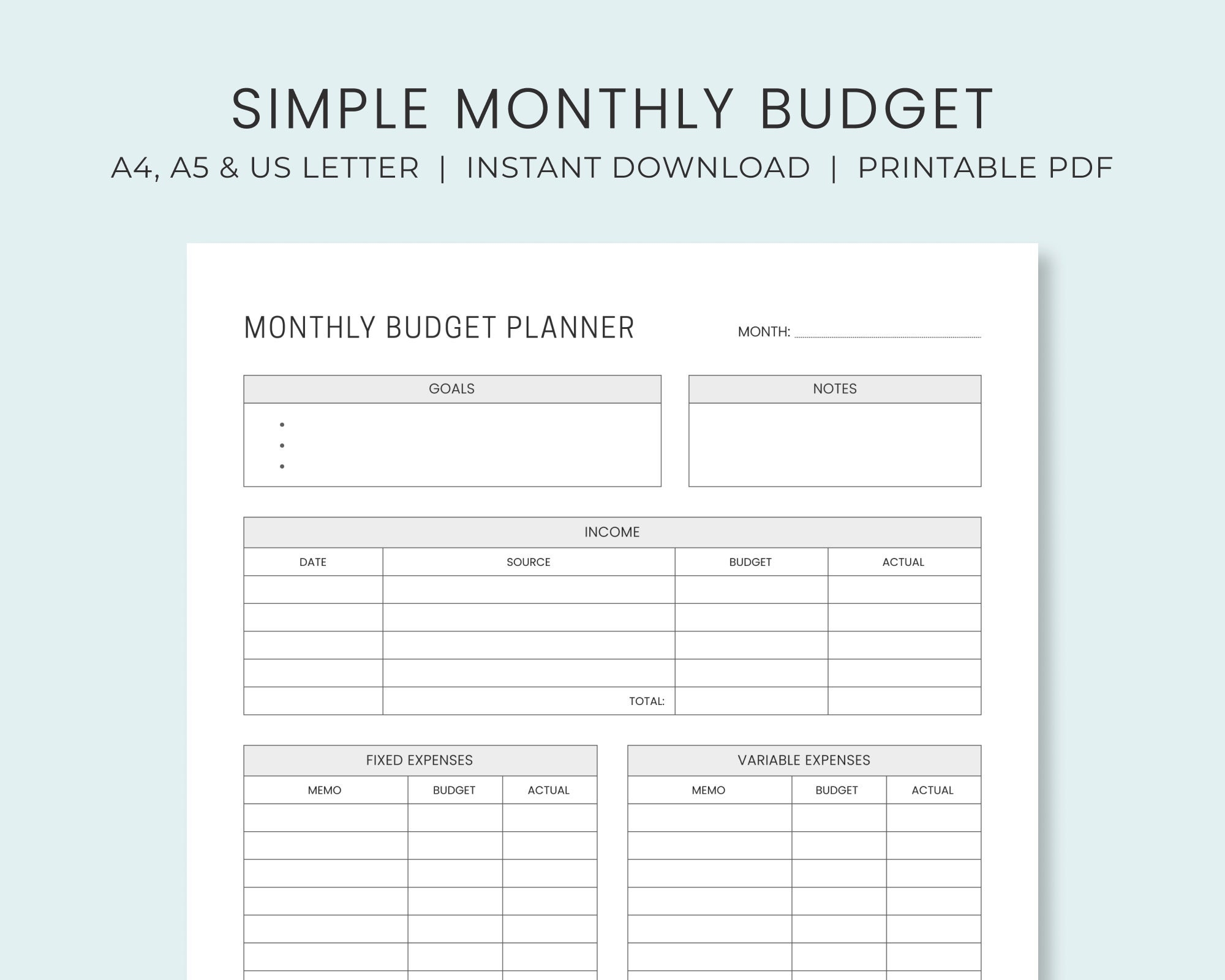 Monthly Budget Planner Printable Simple Budget Worksheet  Monthly Budget Planner Printable Simple Budget Worksheet