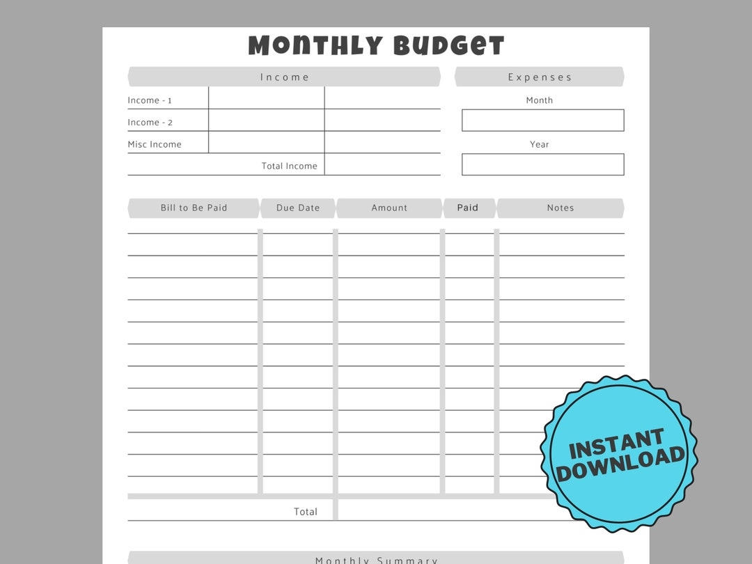 Monthly Budget Sheet Downloadable PDF Budget Template Printable Budget Sheet Etsy