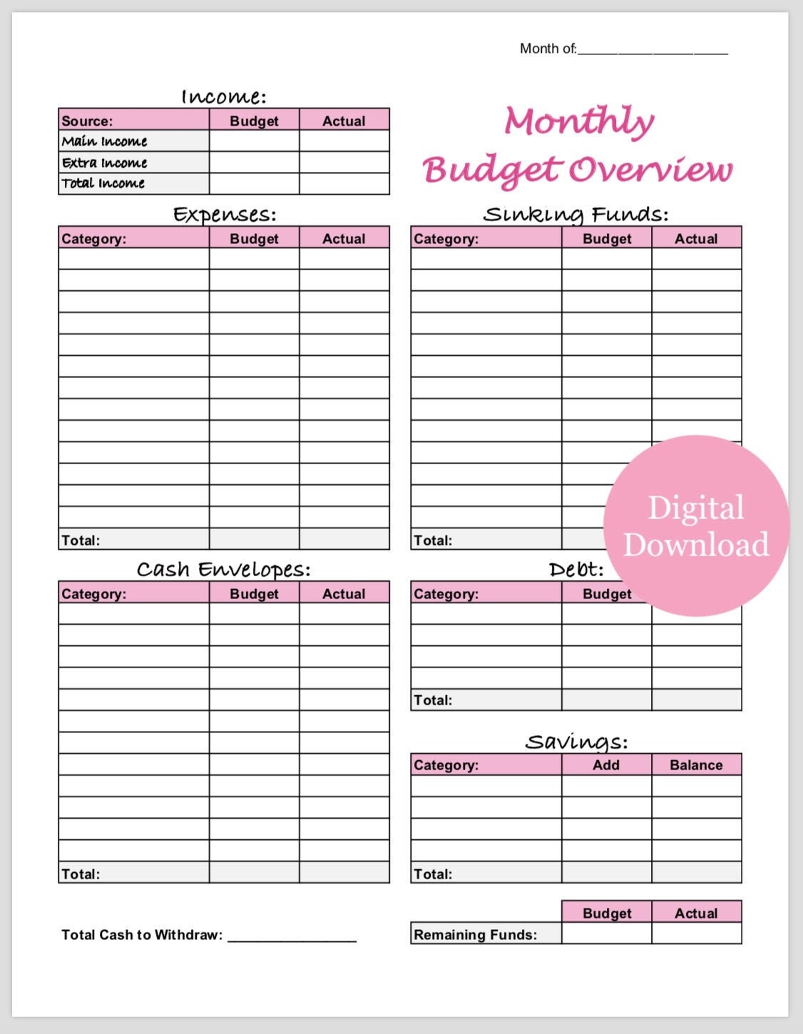 Monthly Cash Budget Template