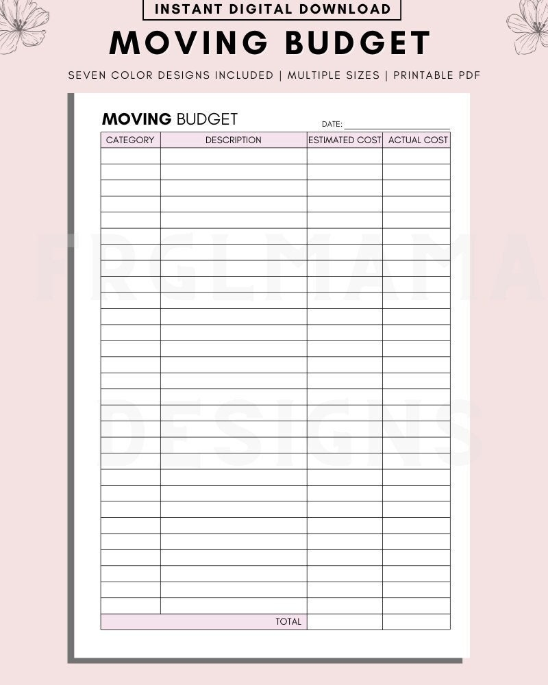 Moving Budget Overview Template Printable Moving Budget Printable Moving Organizer Moving Binder Moving Budget Planner Etsy